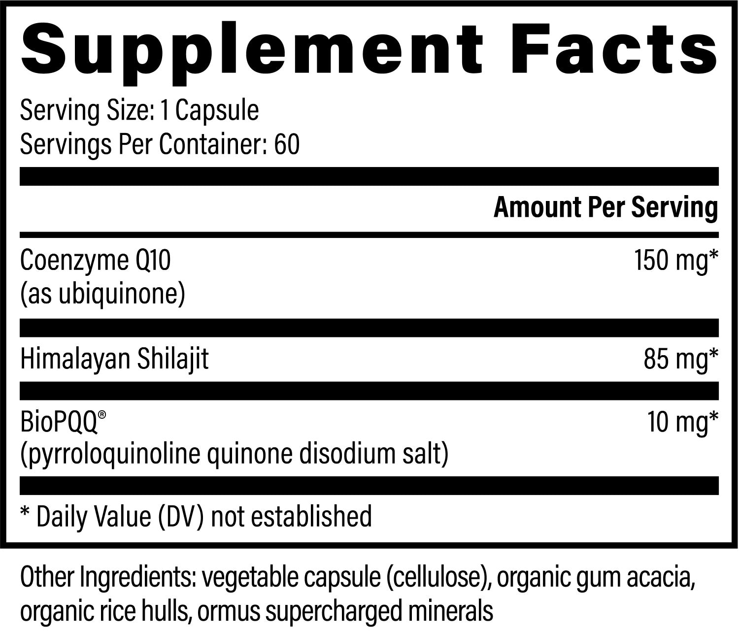 CoQ10 & BioPQQ With Shilajit 60 Capsules Bottle Facts by Global Healing