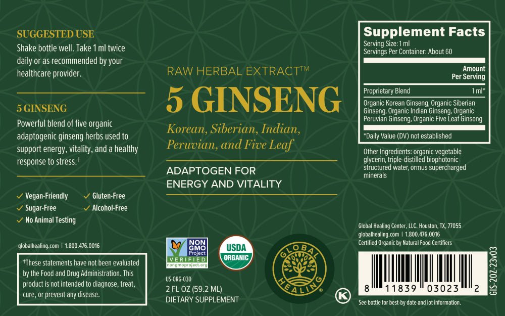 5 Ginseng Organic Non GMO Vegan Safe Extract by Global Healing 2fl oz 59.2ml Bottle Label