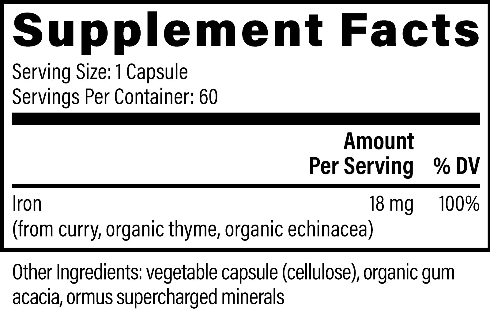 Global Healing Plant-Based Iron Supplement Facts Label