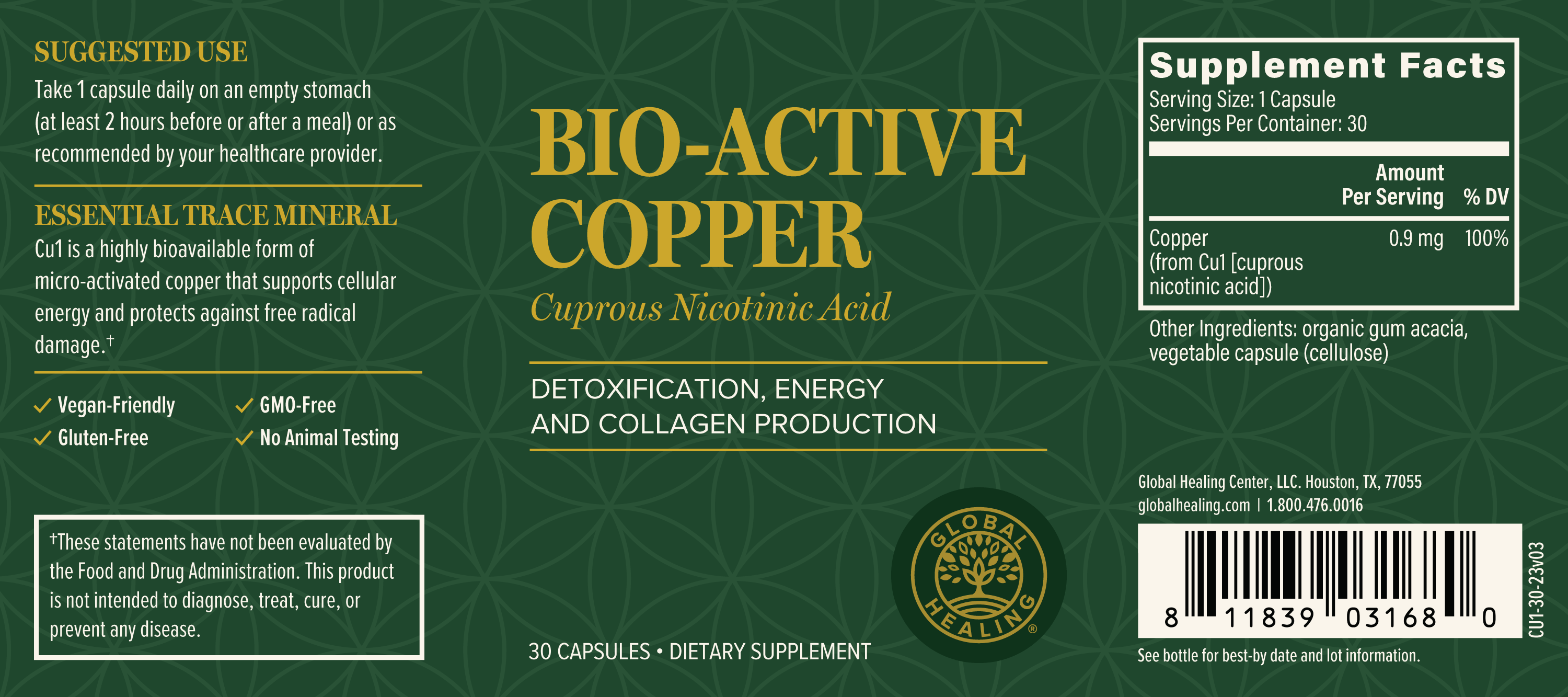 Global Healing's Cuprous Nicotinic Acid (formerly CU1) label.