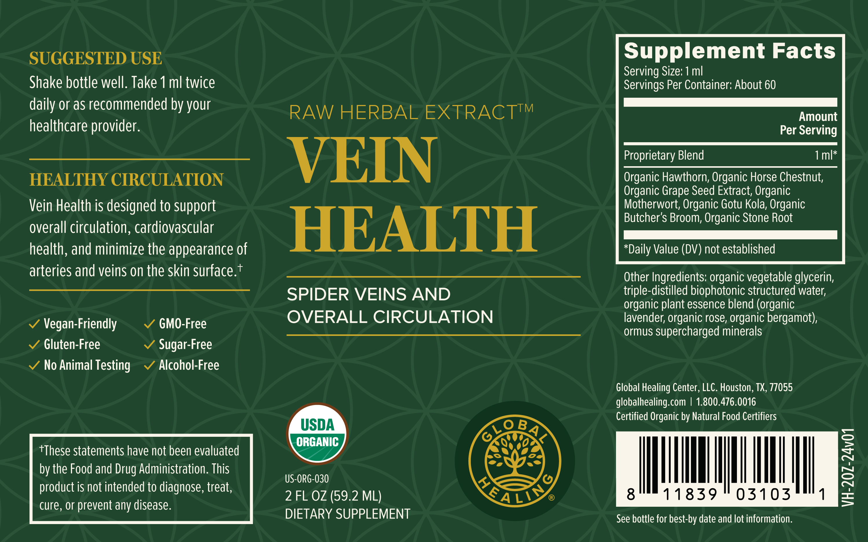 Vein Health - g`lobal Healing - Spider Veins And Overall Circulation - 2fl Oz Bottle Label