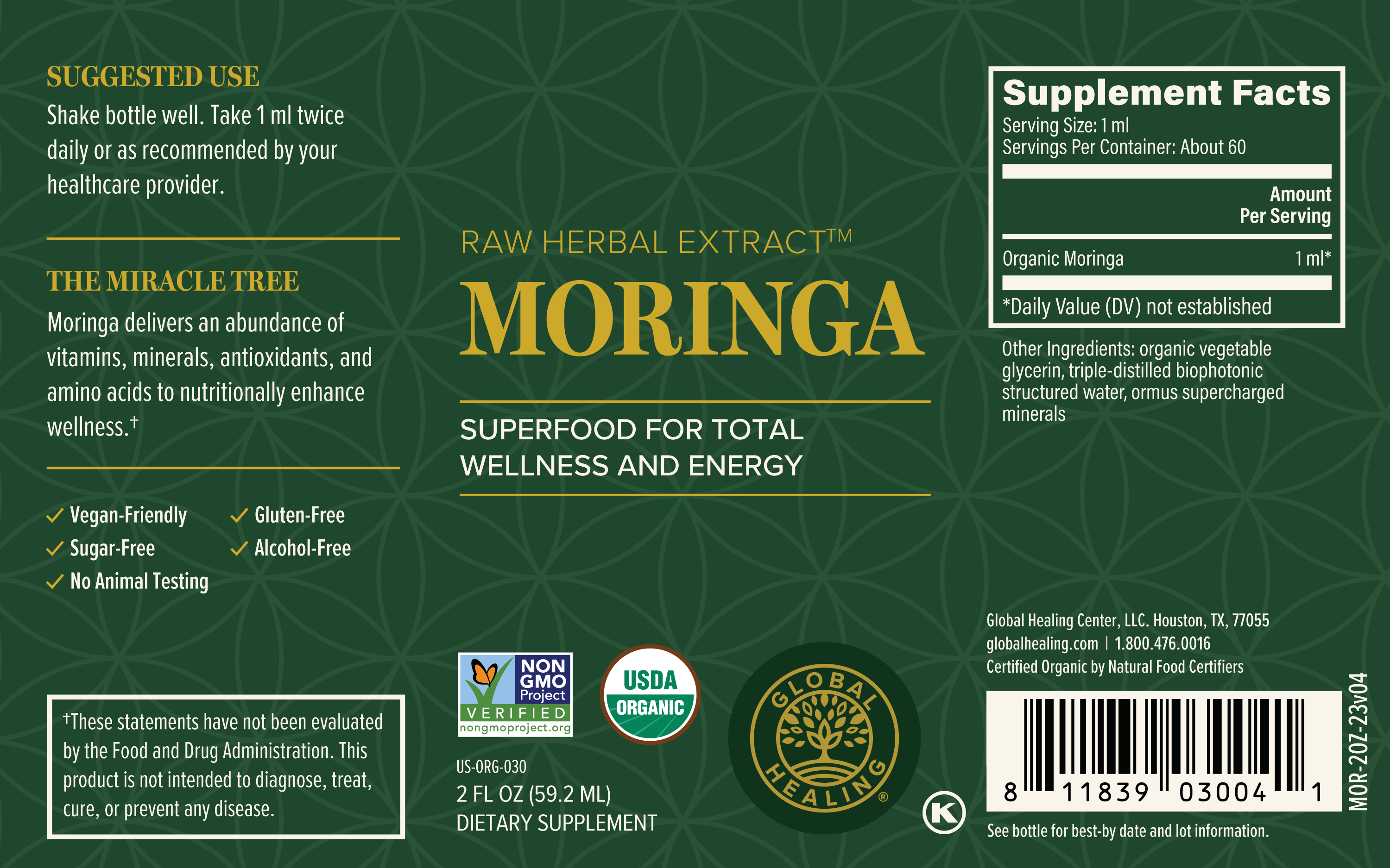 Organic Moringa - Global Healing - 2fl Oz Bottle Label
