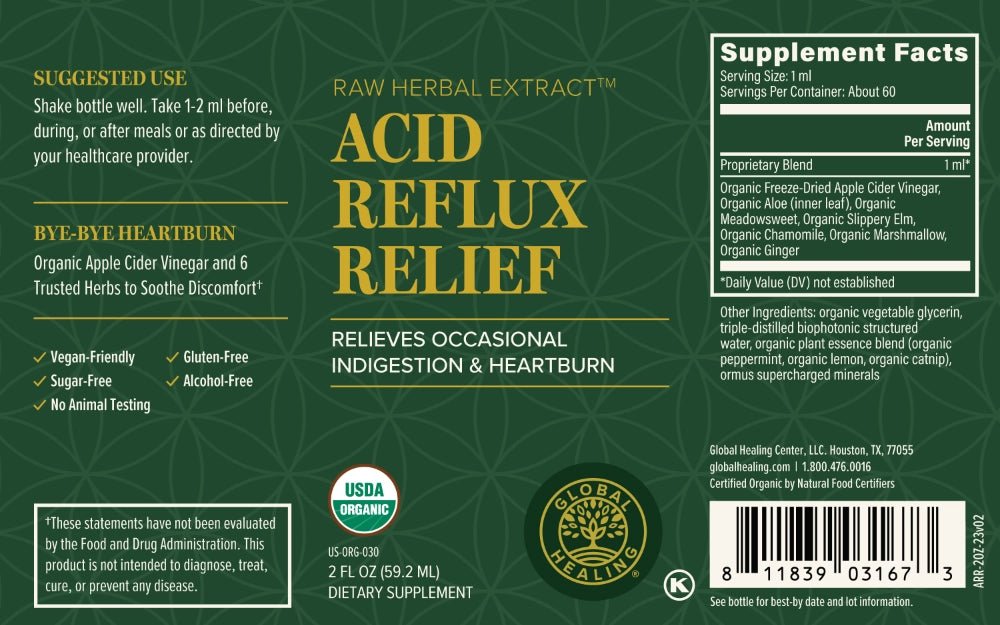 Acid Reflux Relief - Global Healing - 2 fl oz 59ml - Label