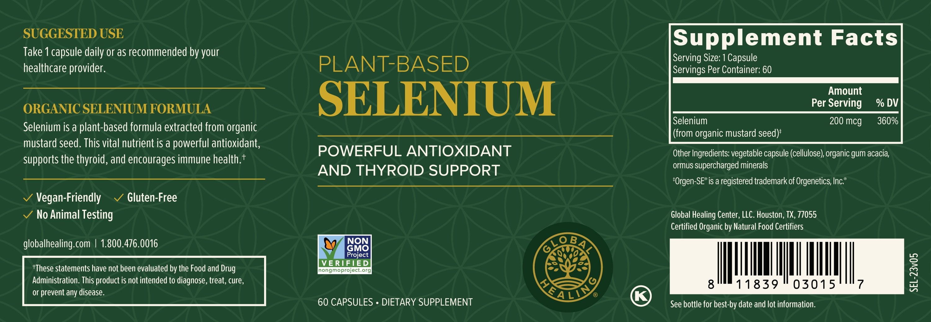 Vegan Selenium From Organic Mustard Seed label with global healing and thyroid support.