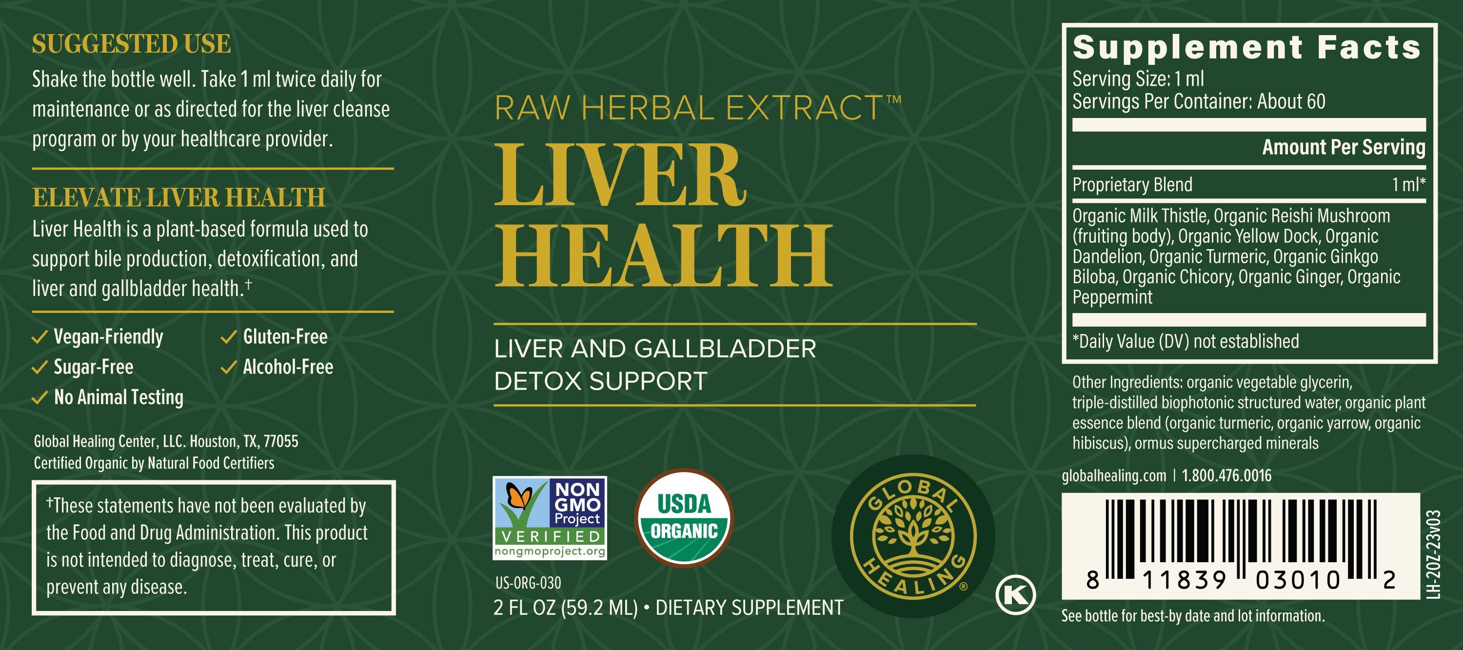 Global Healing Liver Health Liver and Gallbladder Support 2fl oz 60ml Bottle Label