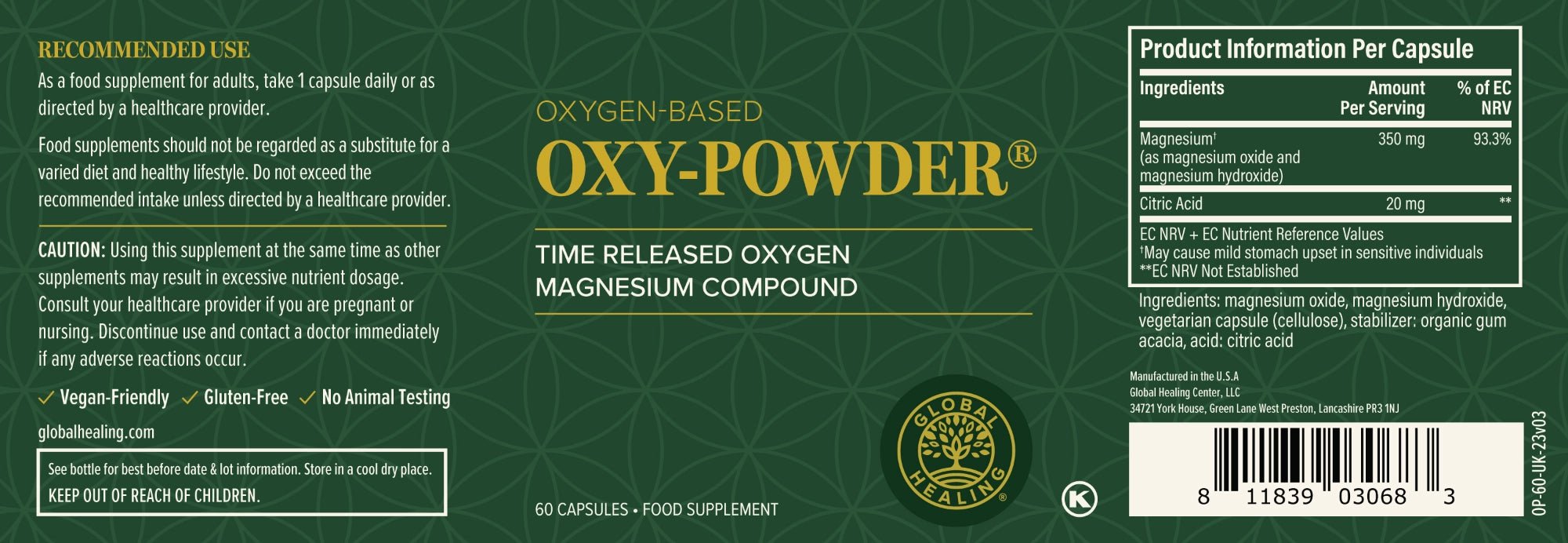 Gobal Healing OxyPowder 60 Capsules UK Label