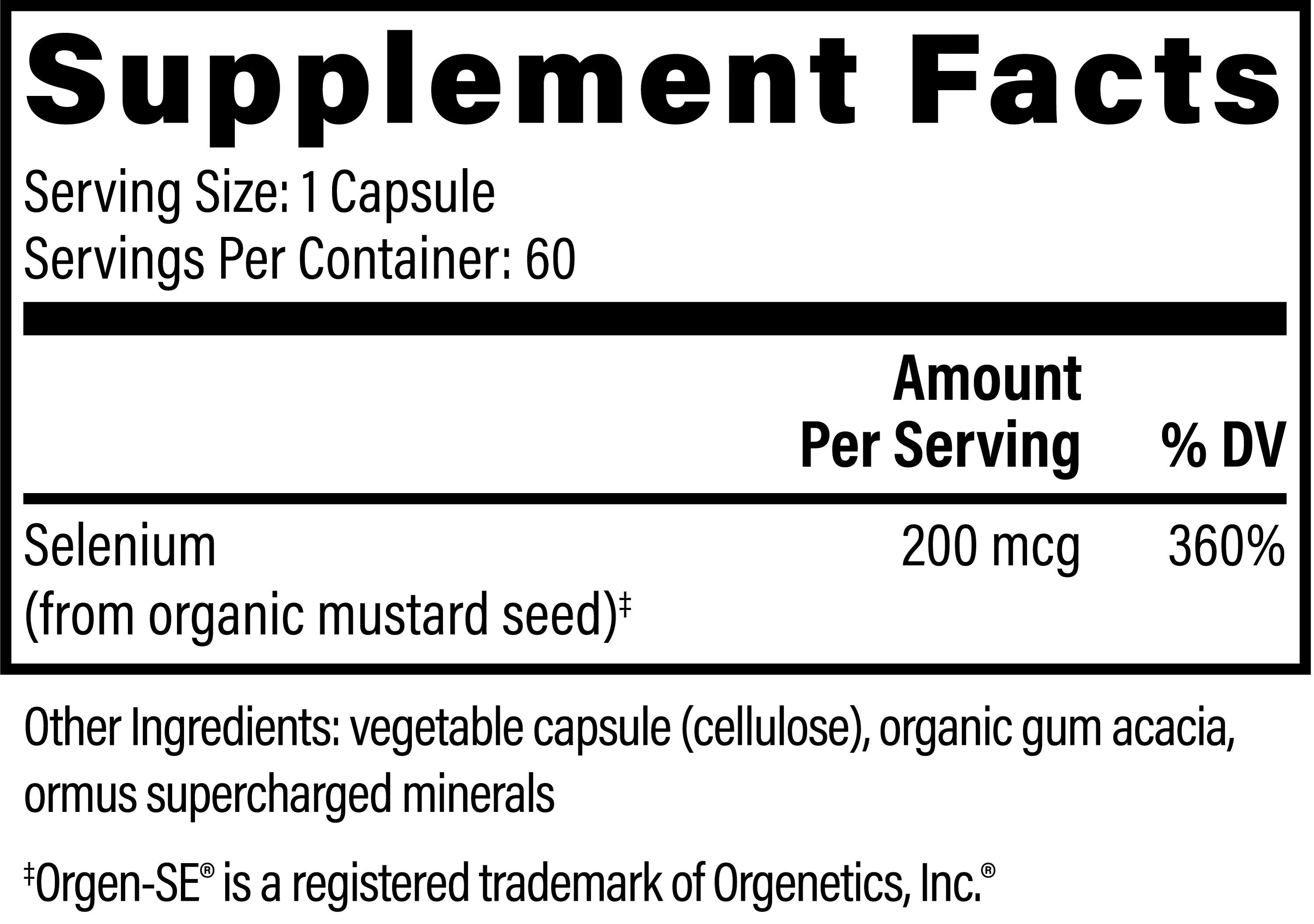A label for a Vegan Selenium From Organic Mustard Seed supplement that contains sesame seeds.