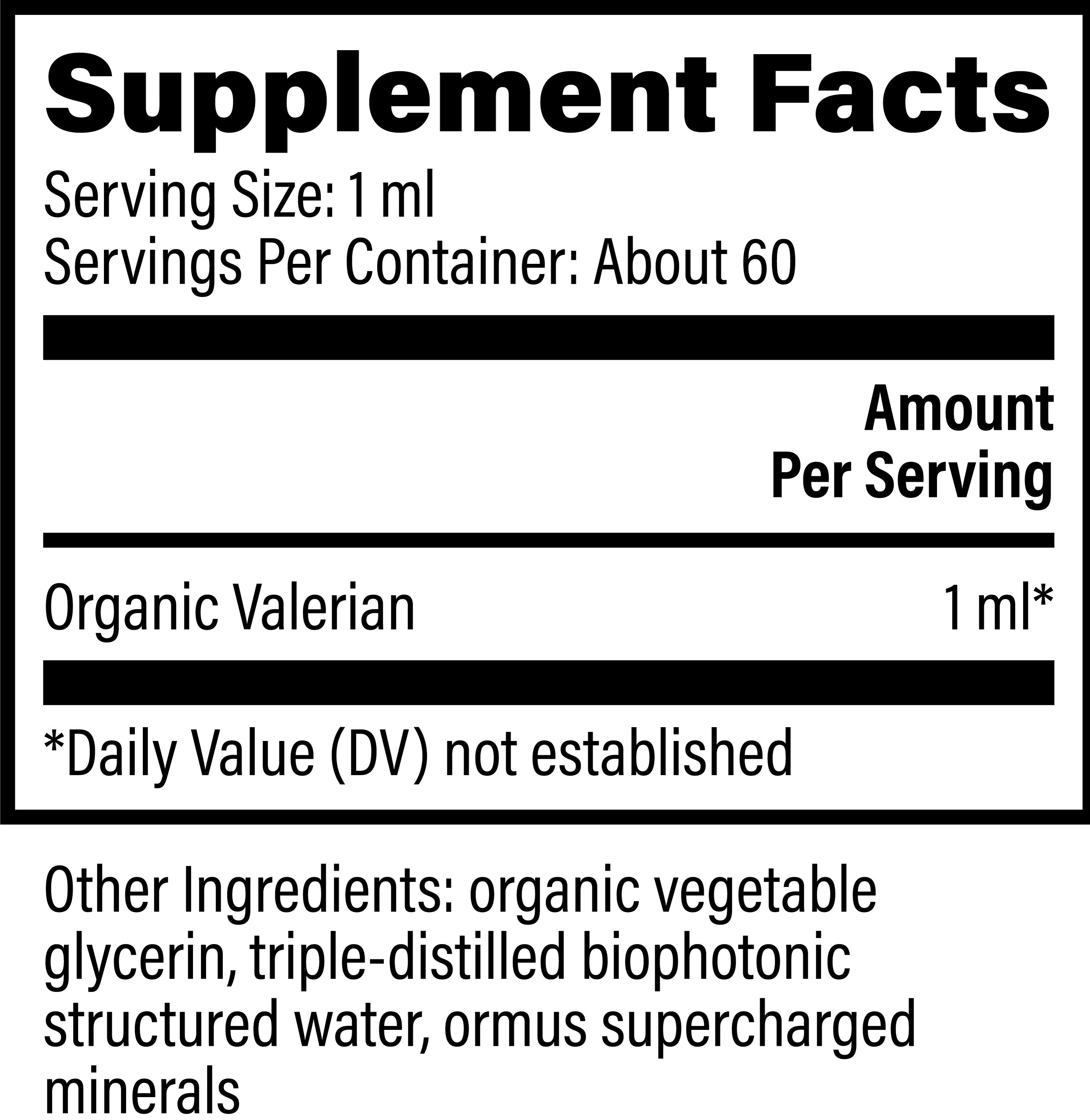 Supplement facts for  Raw Herbal Extract Valerian by Global Healing - Restful Sleep and Relaxation