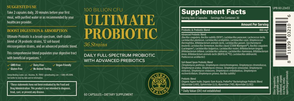 Supplement facts shown on the bottle label of Ultimate Probiotics