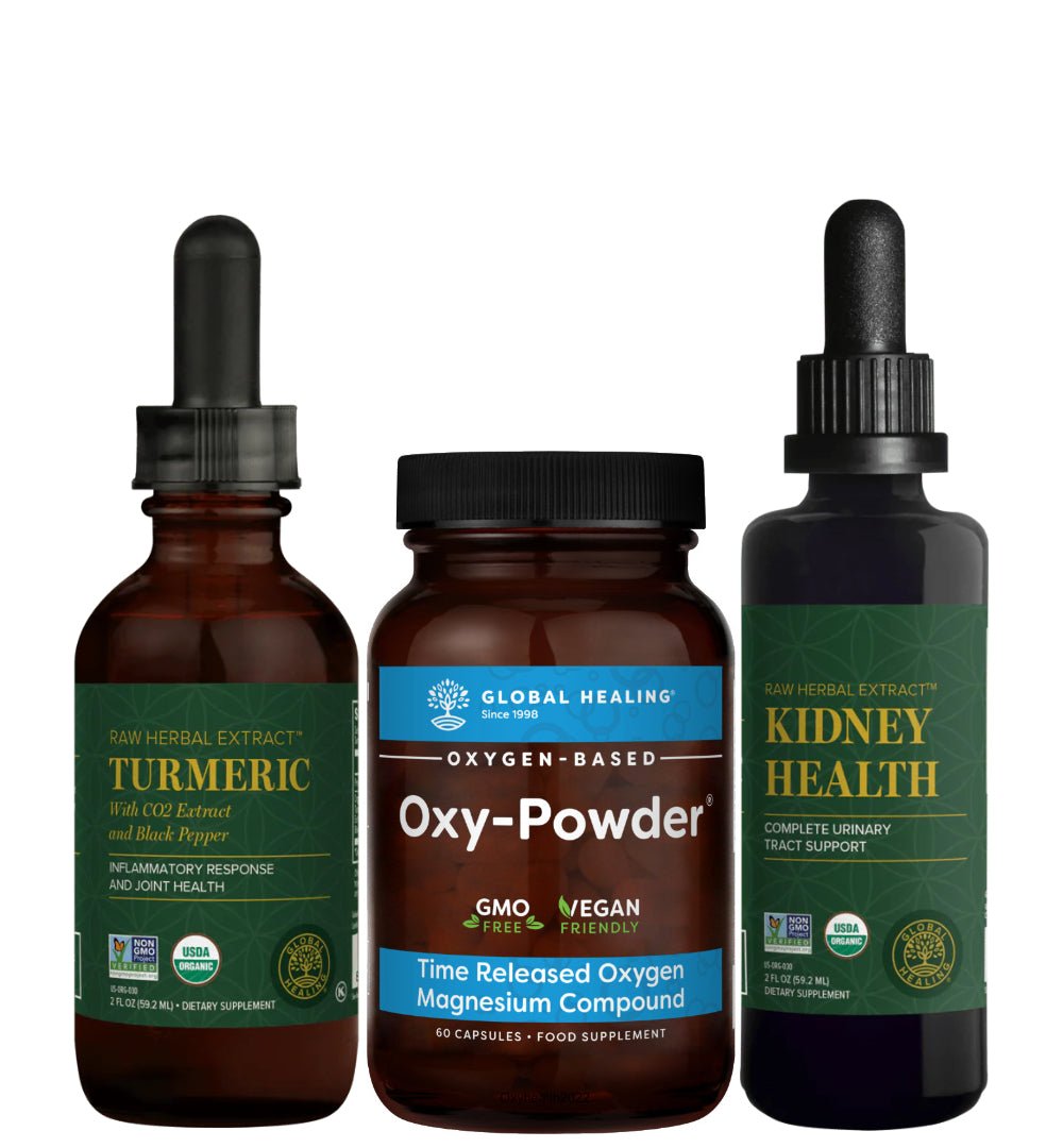 Three health supplement bottles labeled: turmeric, oxy-powder, and  Kidney Health. The Complete & Natural Kidney Cleansing Program from Global Healing,