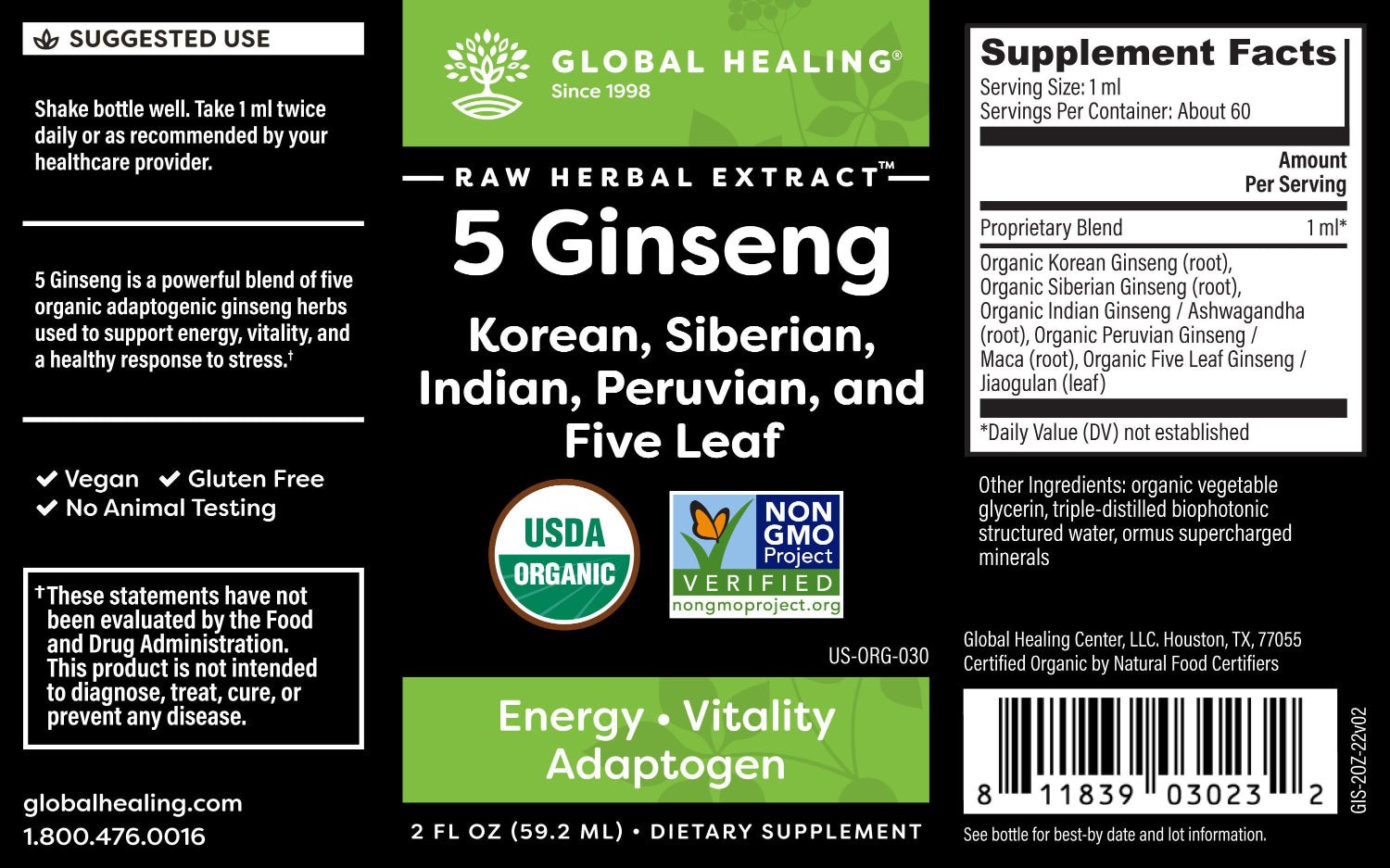 5 Ginseng Label by Global Healing. Contains 5 strains - Organic Siberian Ginseng, Organic Indian Ginseng, Organic Peruvian 