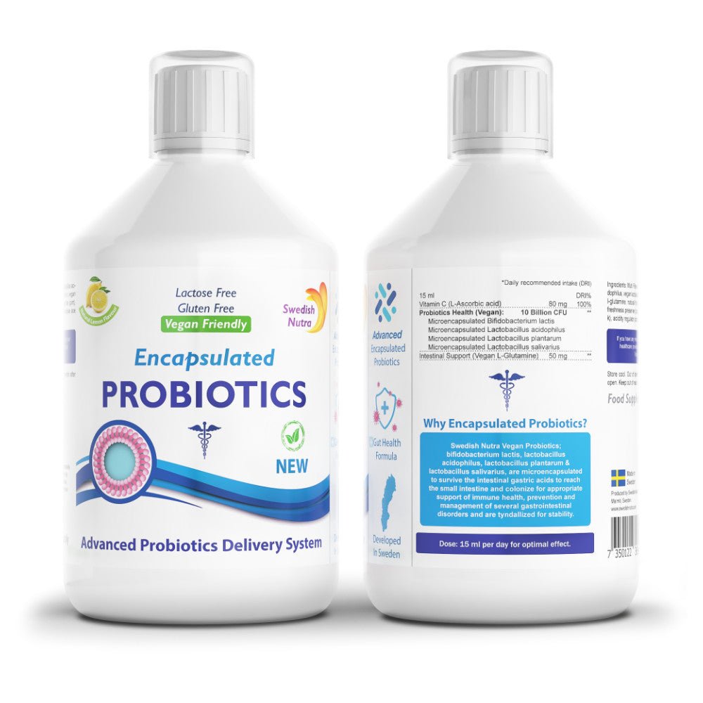 Swedish Nutra Encapsulated Probiotics Front And Back Bottle