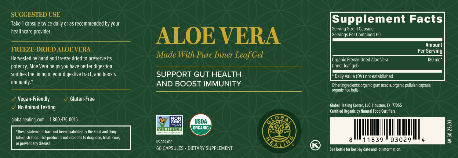 Organic Aloe Vera by Global Healing Bottle Label 60 capsules