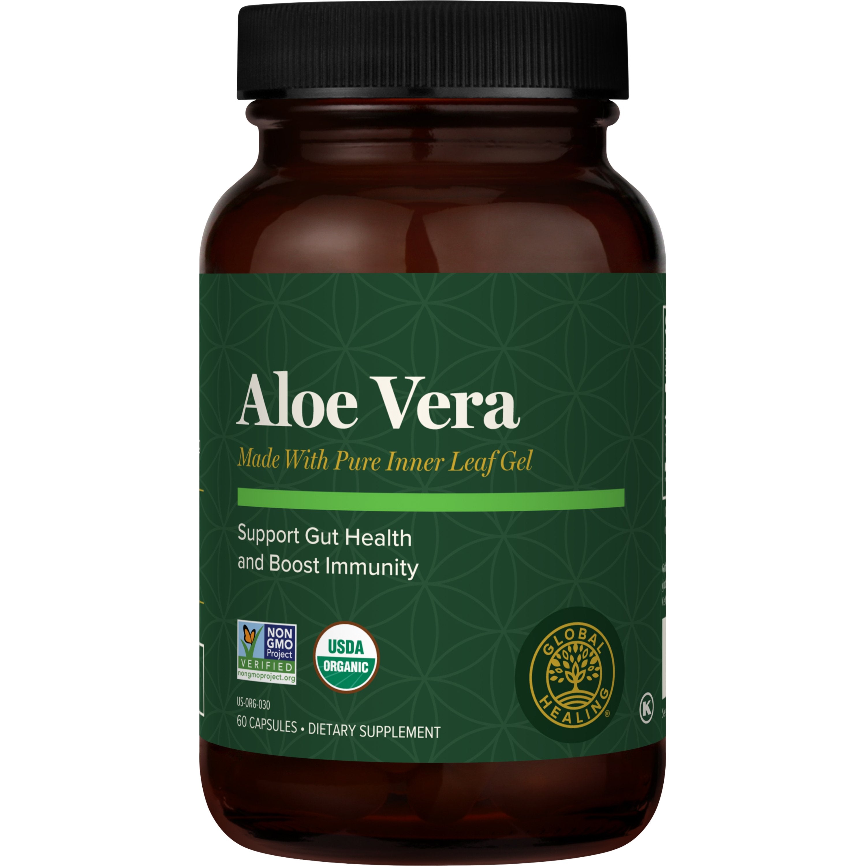 A bottle of Aloe Vera dietary supplement by Global Healing, featuring a dark green label and amber brown bottle on a white background.