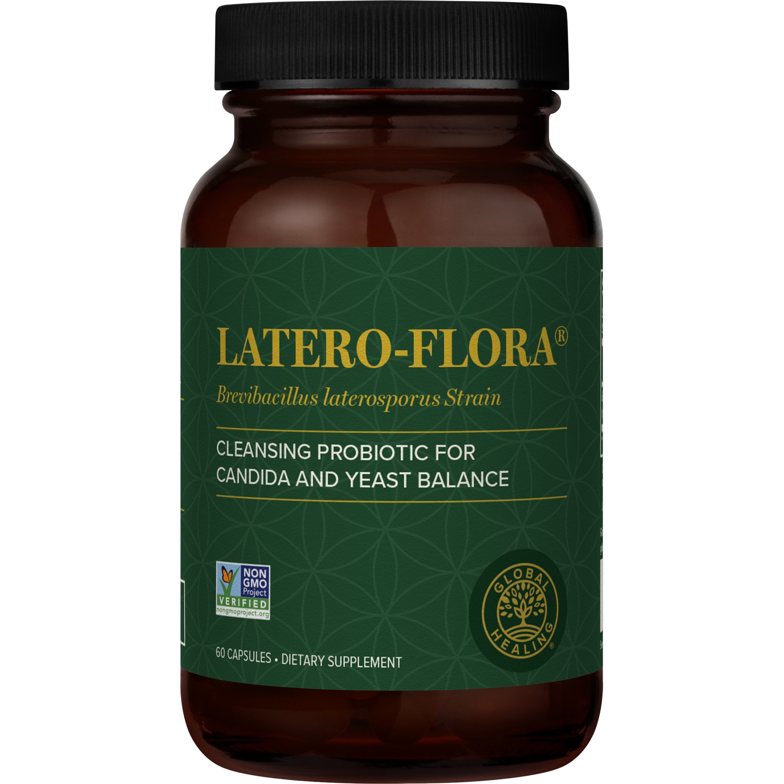 A bottle of Latero-Flora Probiotic Supplement for Healthy Digestion from Global Healing.