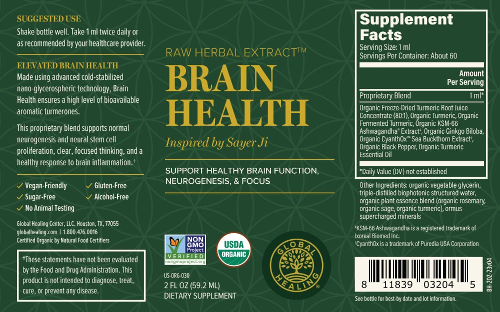 Brain Health by Global Healing 2fl oz 59.6ml Bottle Label