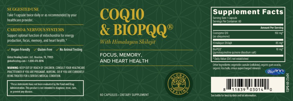 CoQ10 & BioPQQ With Shilajit 60 Capsules Bottle Label by Global Healing 