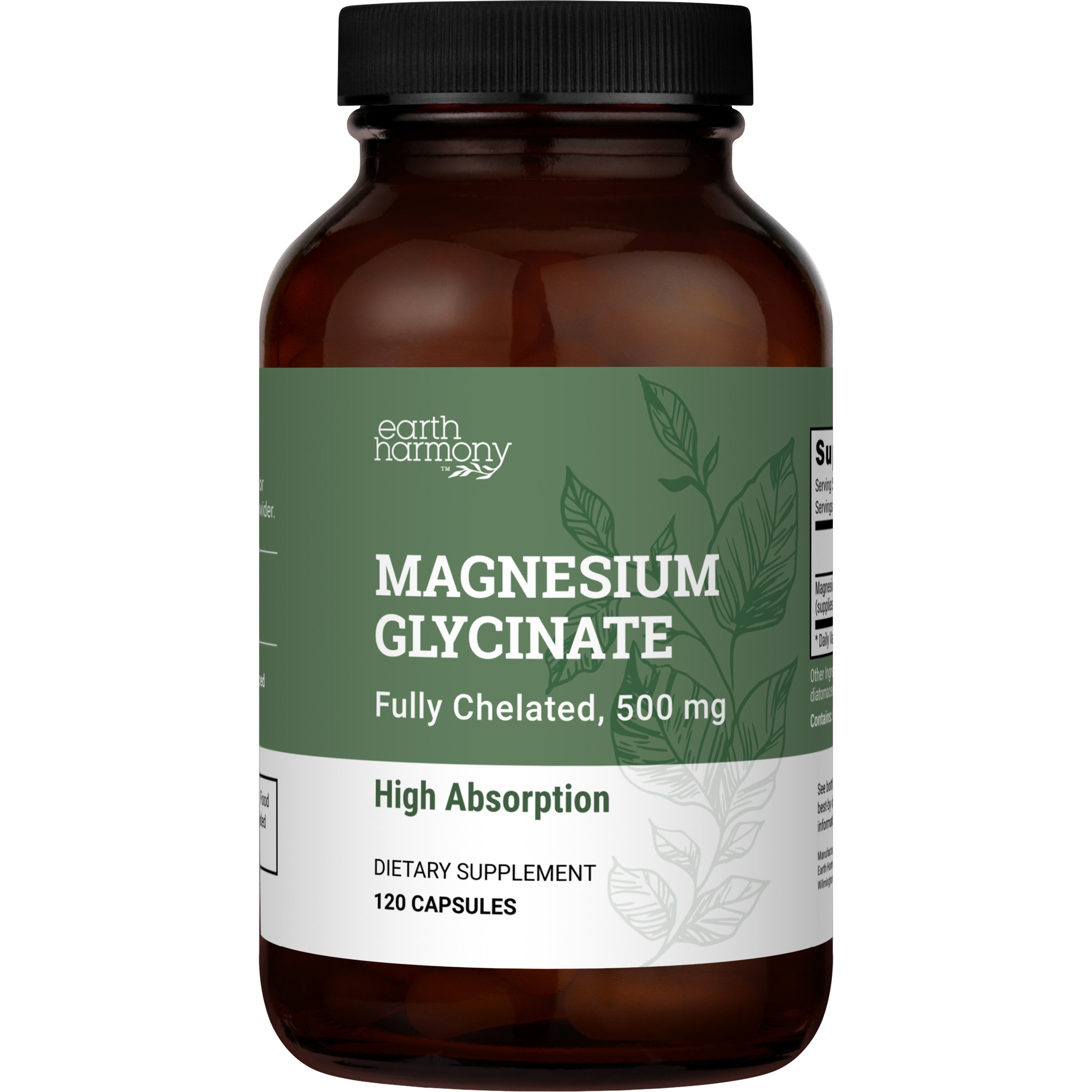 Earth Harmony Magnesium Glycinate 500mg supplement bottle – high-absorption chelated magnesium for muscle and heart support.