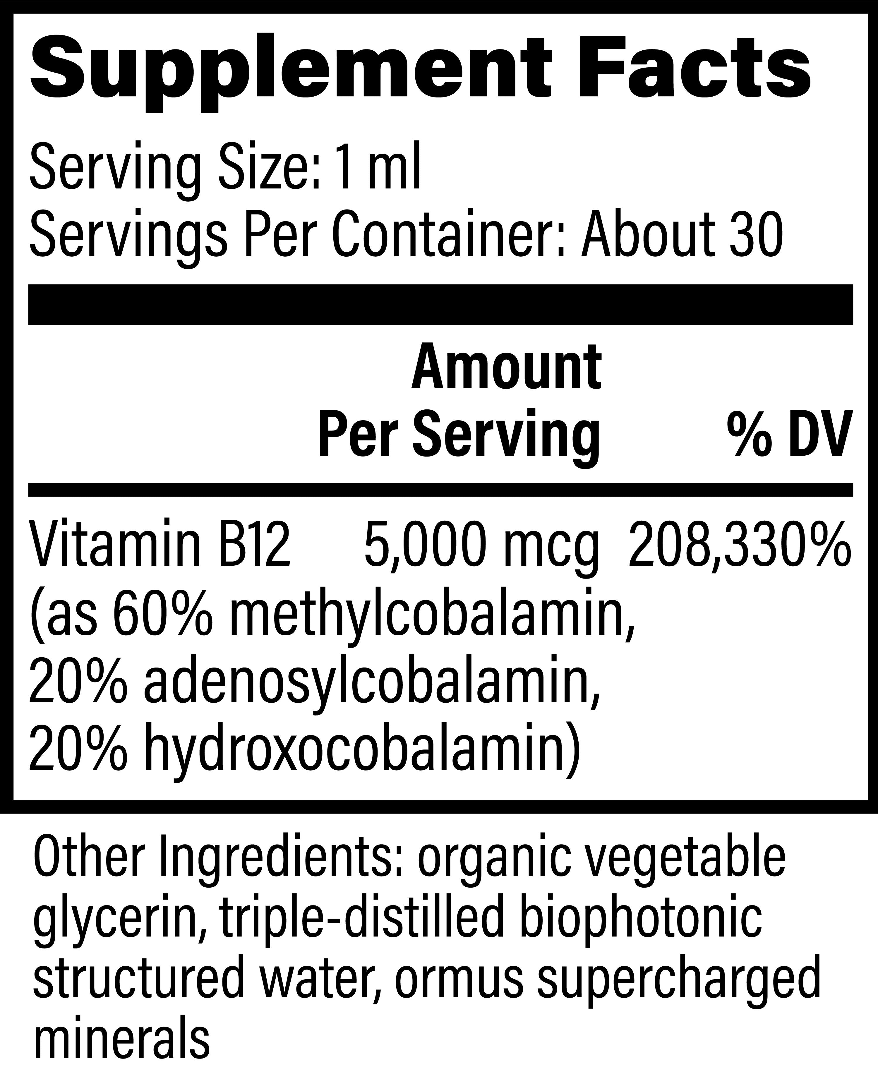 Global Healing Organic Vitamin B12 1fl Oz 29.6ml Supplement Facts