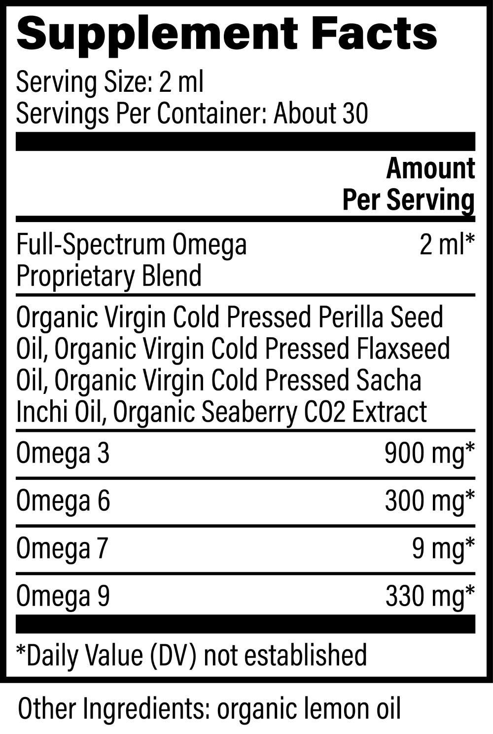 Vegan Plant Based Omega 3-6-7-9 by Global Healing 2fl oz Supplement Facts