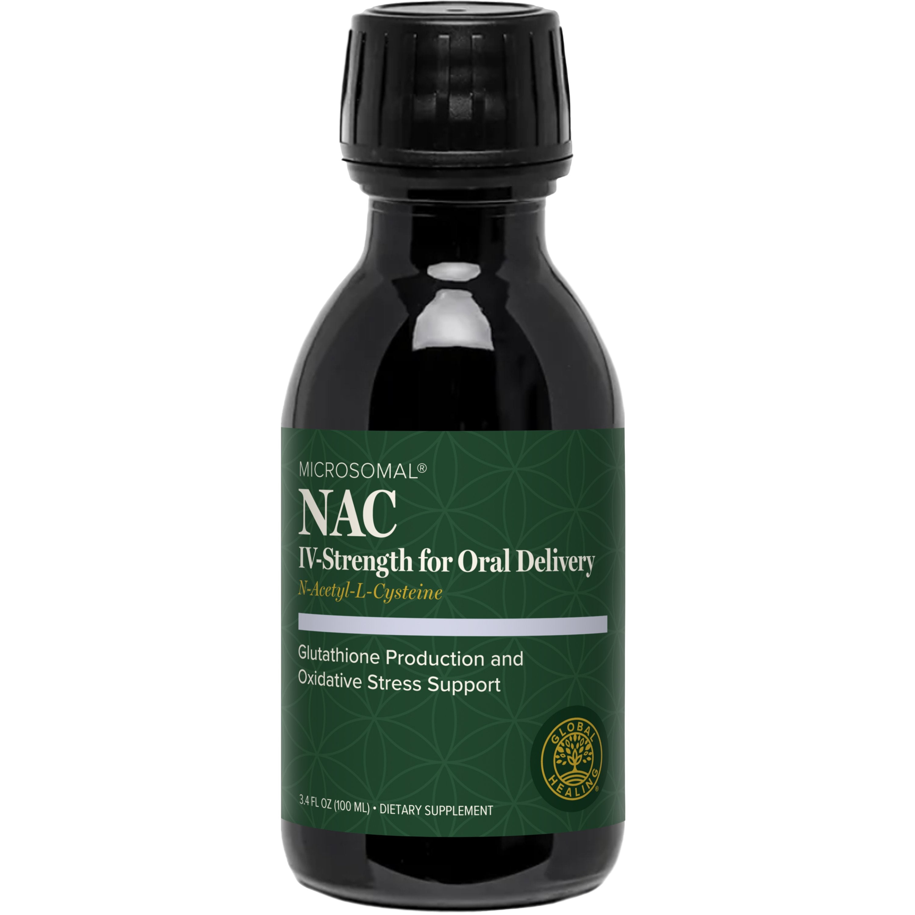 Global Healing NAC liquid supplement bottle, 3.4 fl oz (100ml) with dropper cap, featuring the MicroSomal delivery system label