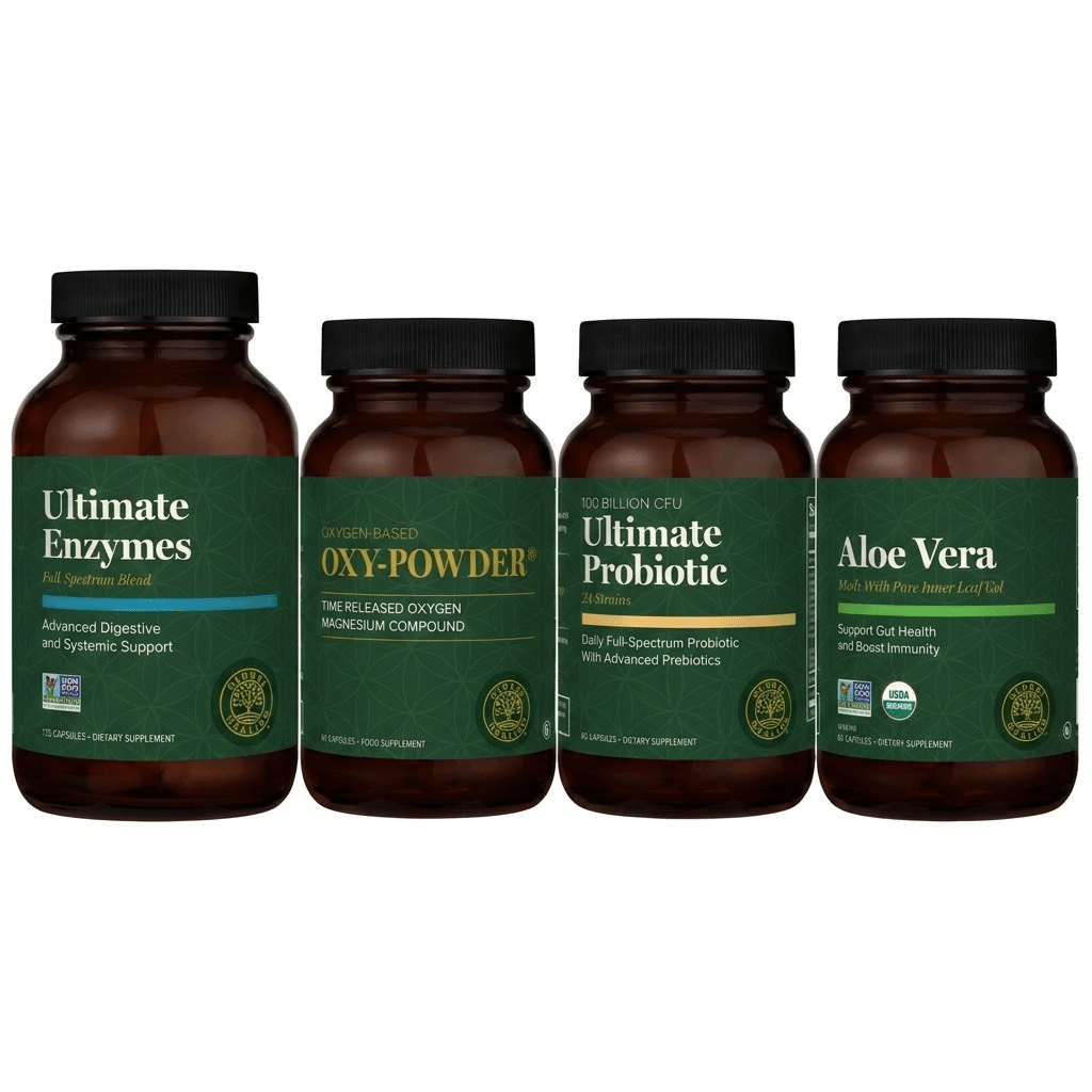 Four amber supplement bottles with black caps and dark green labels arranged side by side on a white background. The labels read Ultimate Enzymes, Oxy-Powder, Ultimate Probiotic, and Aloe Vera.