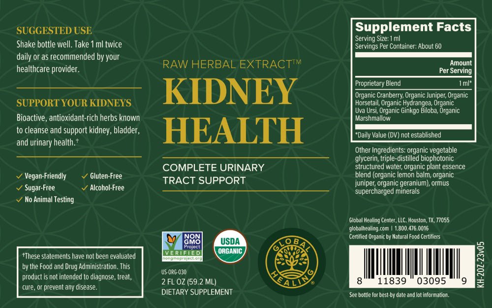 Kidney Health by Global Healing 2fl oz 60ml Bottle Label