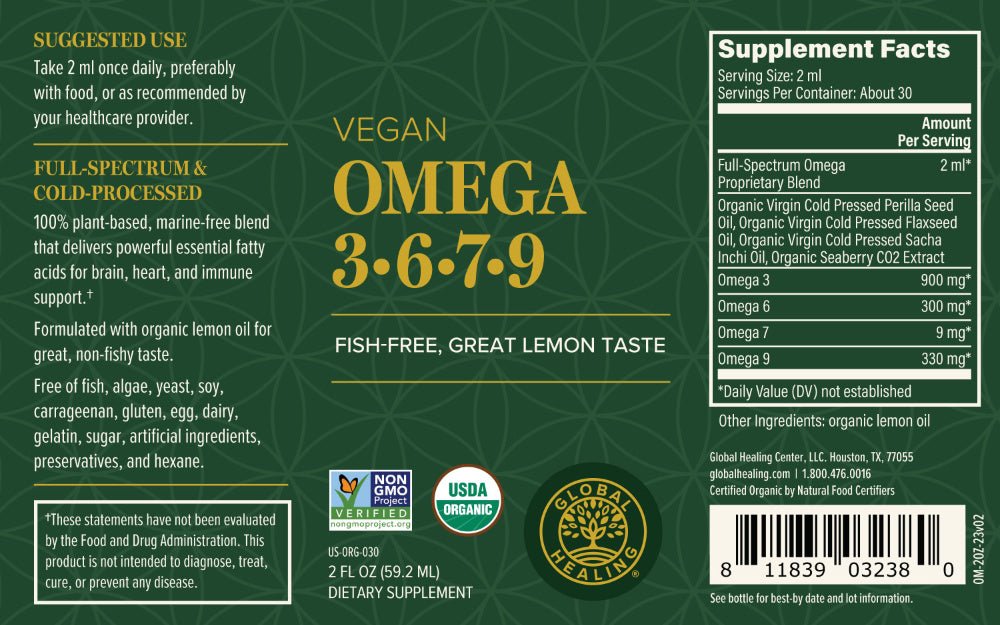 Vegan Plant Based Omega 3-6-7-9 by Global Healing 2fl oz Bottle Label