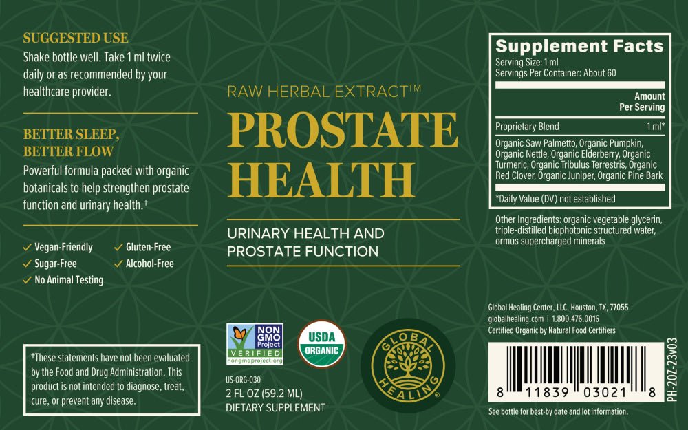 Prostrate Health Organic Urinary Support By Global Healing2fl oz 60ml Bottle Label