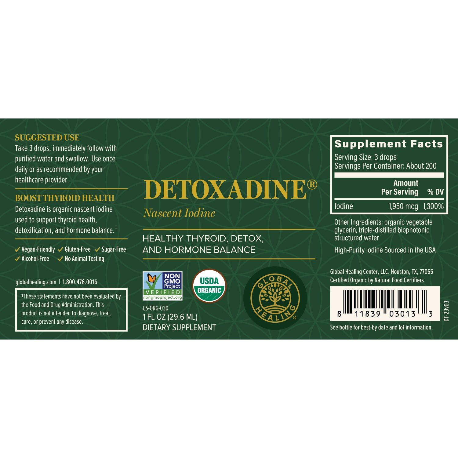 Global Healing Detoxadine Nacent Iodine Thyroid Support Bottle Label 1fl oz