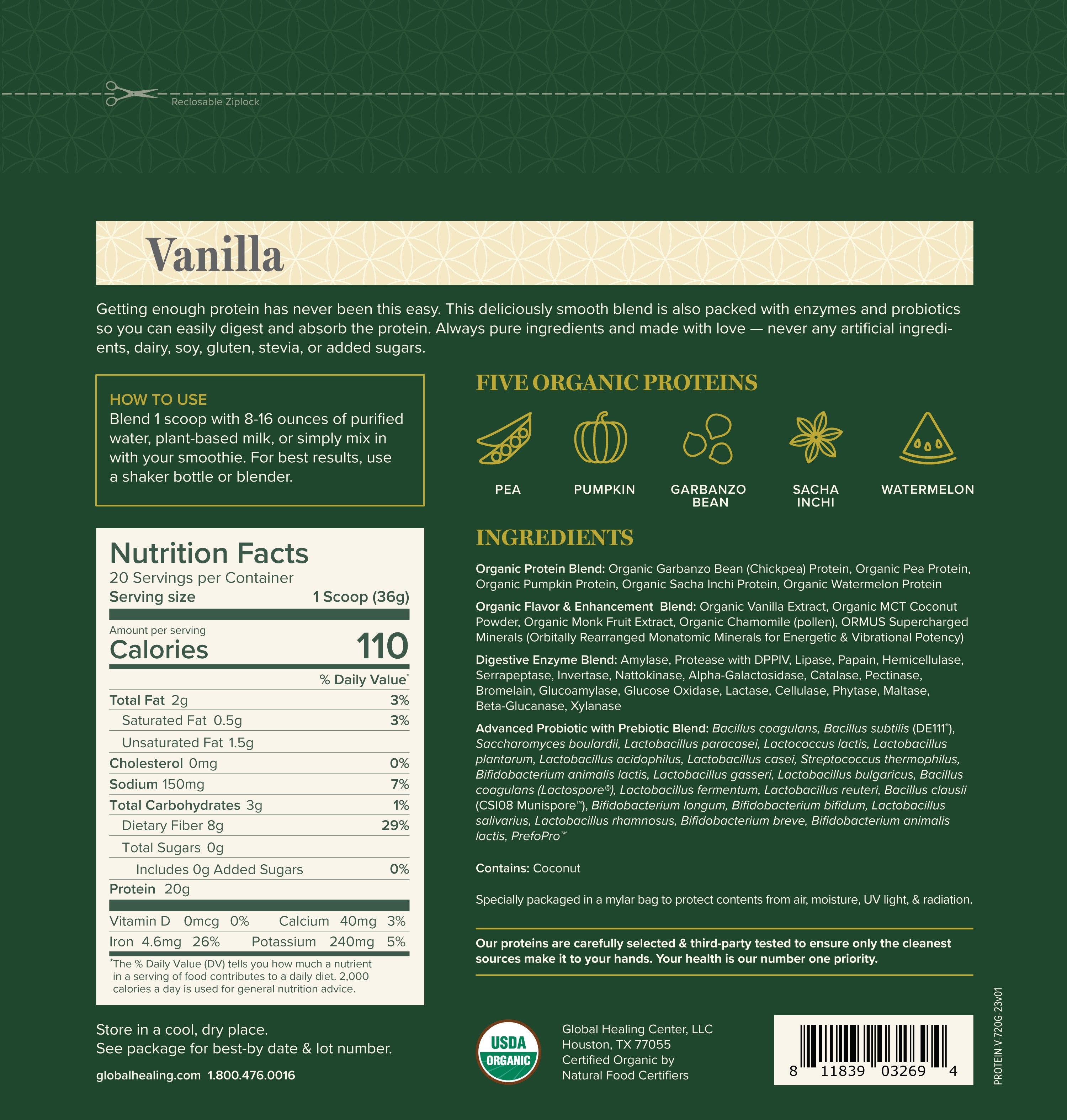 Global Healing Organic Pure Plant Protein Vanilla Flavour Label