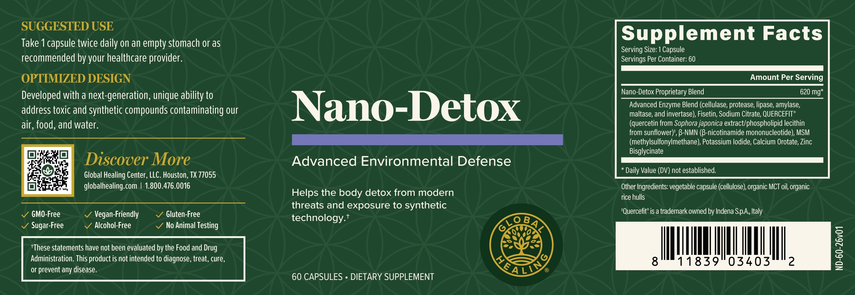 Label of Nano-Detox supplement with text and design elements on a green background