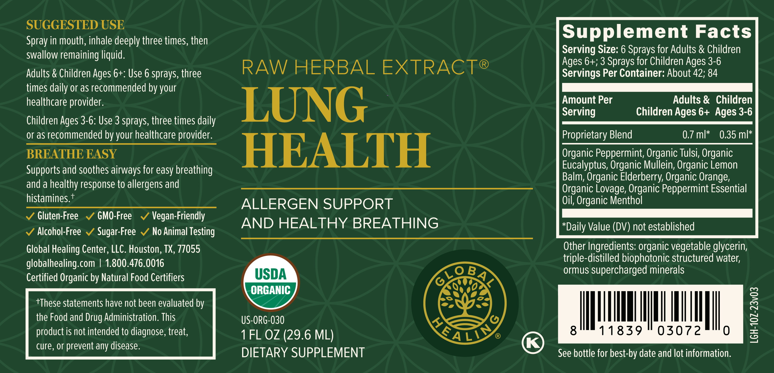 Lung Health - Global Healing - Allergen Support and Healthy Breathing Label