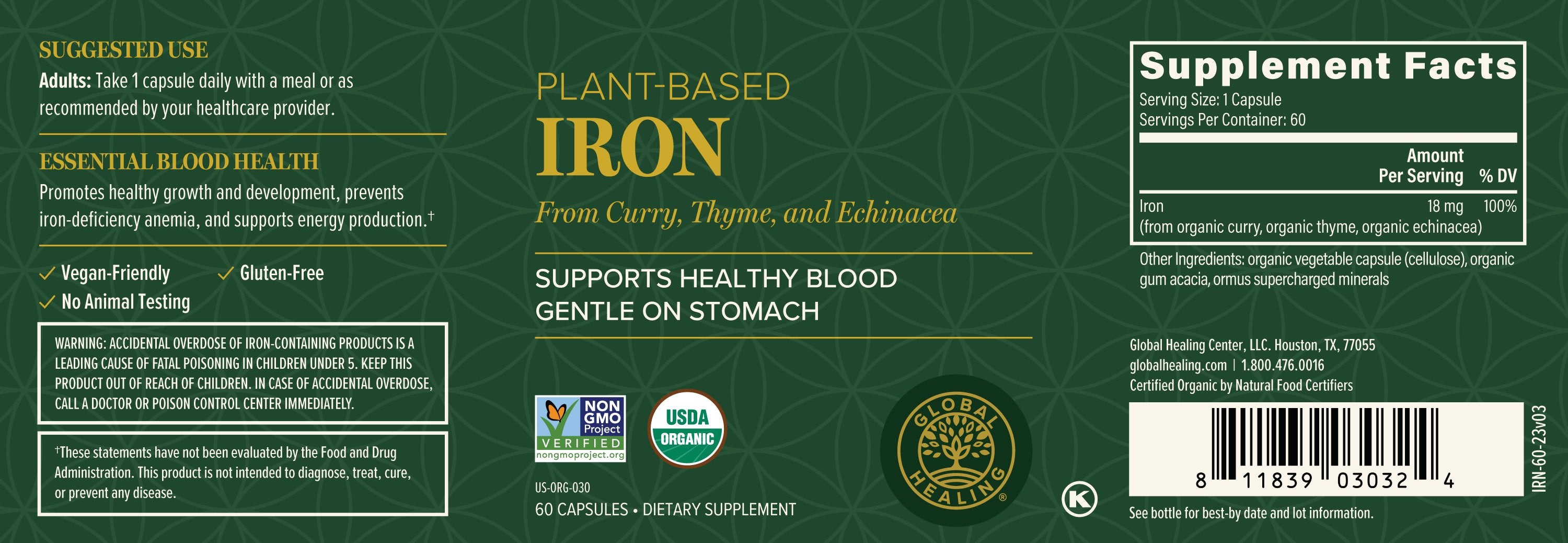 Global Healing Plant Based Iron From Curry Thyme and Echinacea Bottle Label 60 Capsules