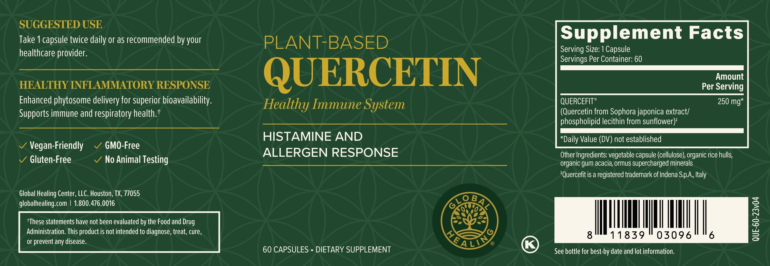 Global Healing Plant Based Quercetin Bottle Label 60 Capsules