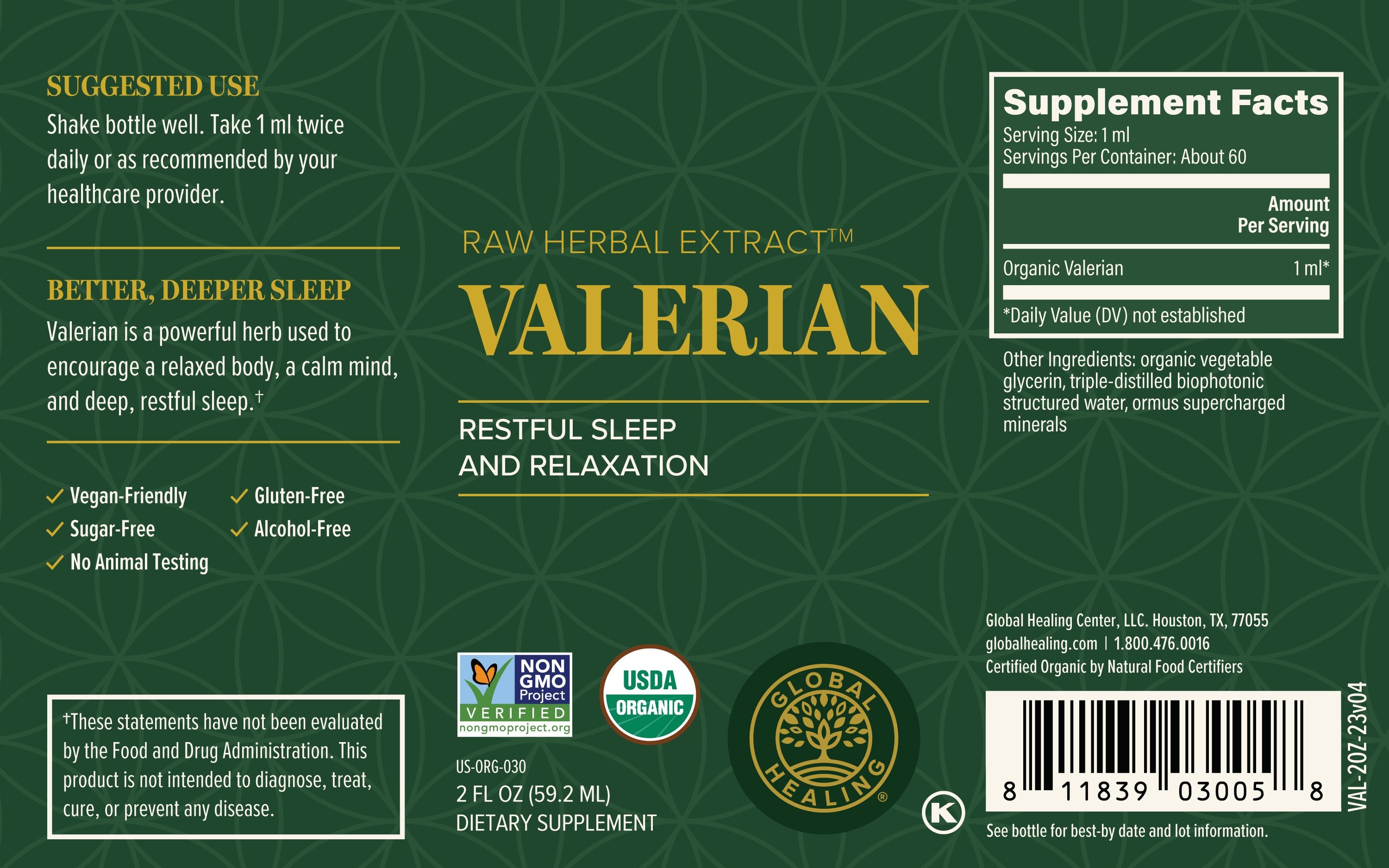 Image of a Bottle Label of Raw Herbal Extract Valerian by Global Healing - Restful Sleep and Relaxation