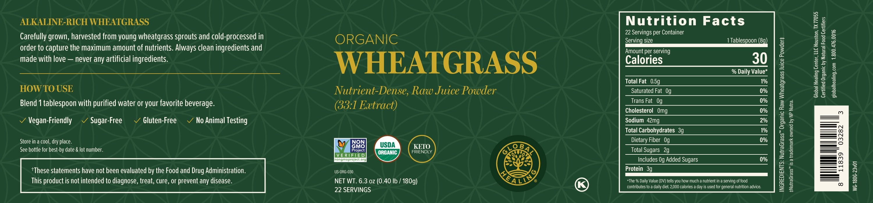 Organic Wheatgrass Raw Juice Powder by Global Healing 180g Tub label