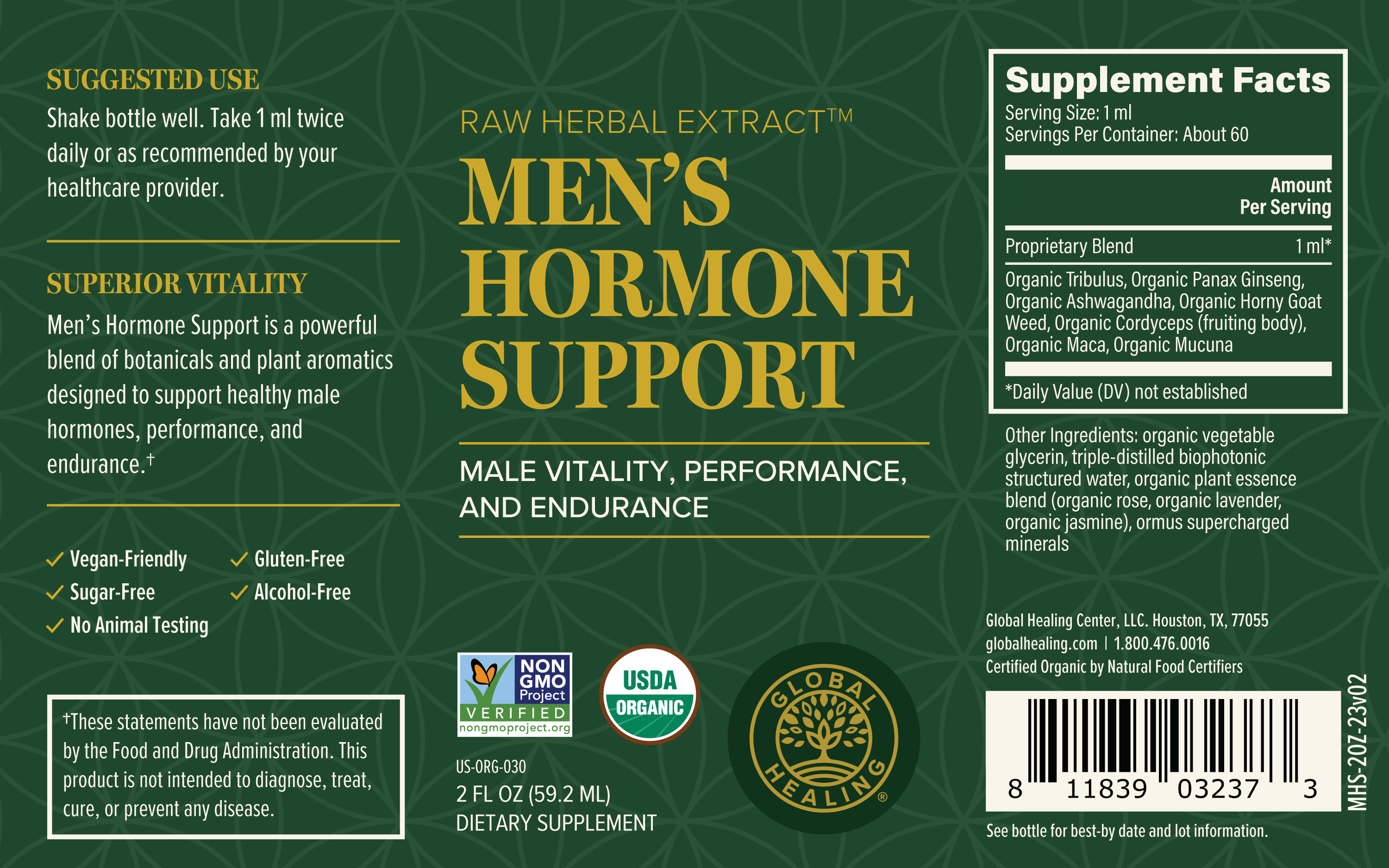 Men's Hormone Support - Global Healing - 2Fl Oz Bottle Label