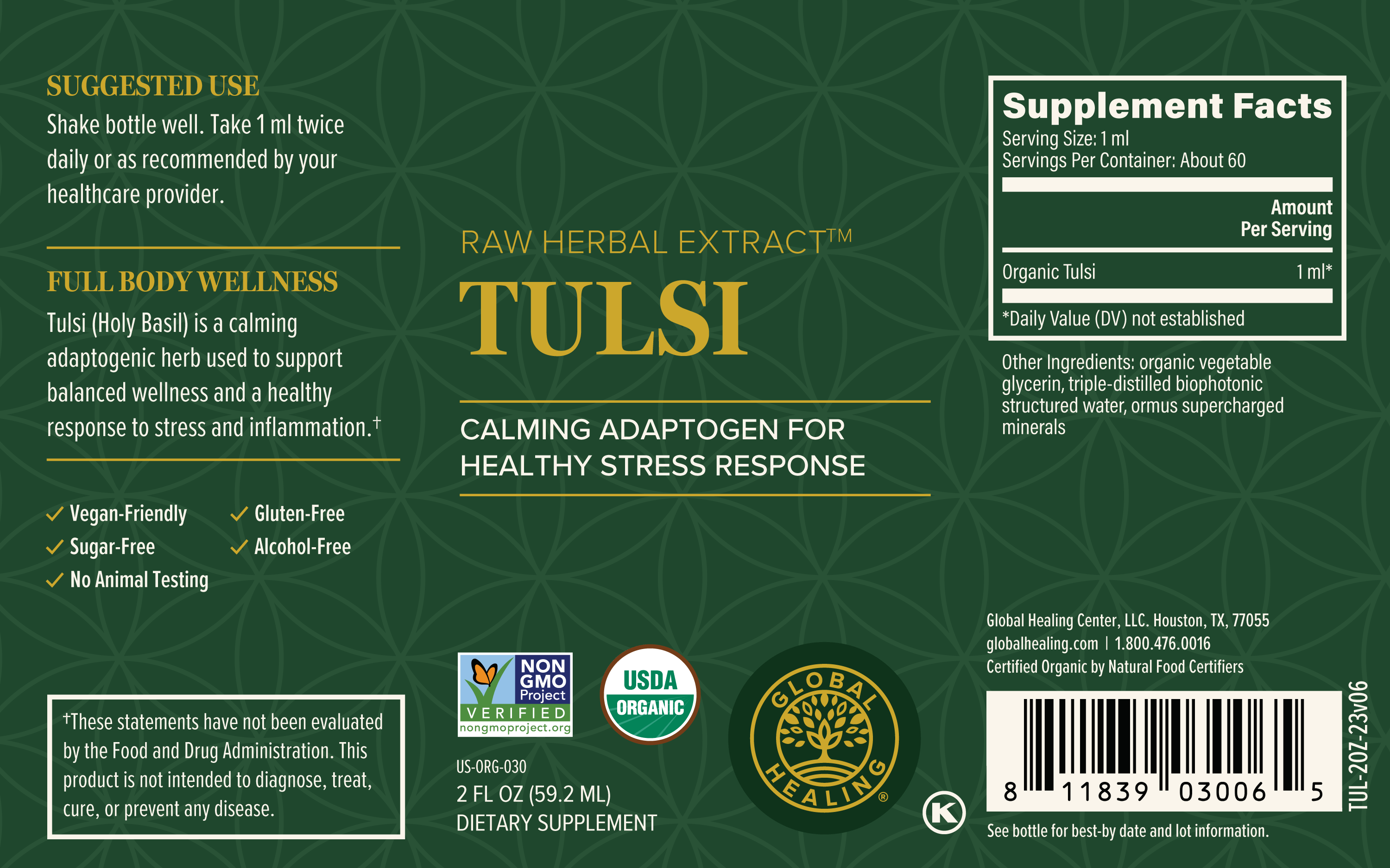 Organic Tulsi - Global Healing - Calming Adapogen  - 2fl Oz Bottle Label