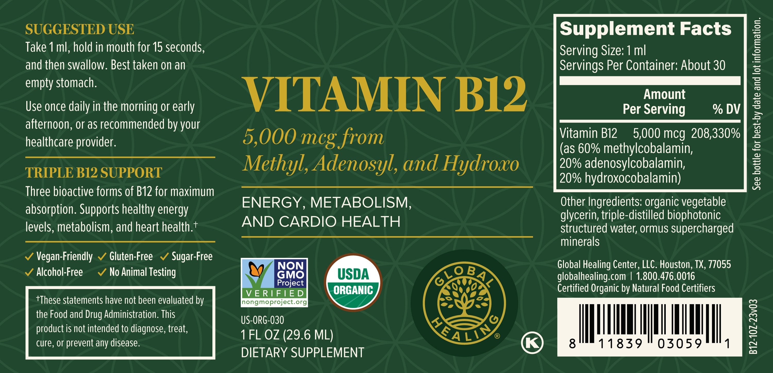 Global Healing Organic Vitamin B12 1fl Oz 29.6ml Bottle Label