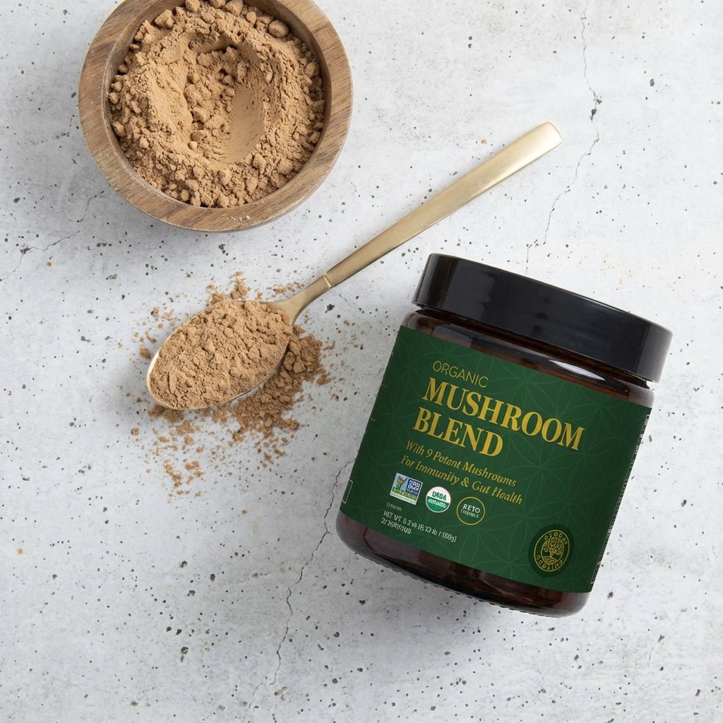 Overhead view of Mushroom Blend with 9 potent mushroom ingredients by Global Healing 150g Tub
