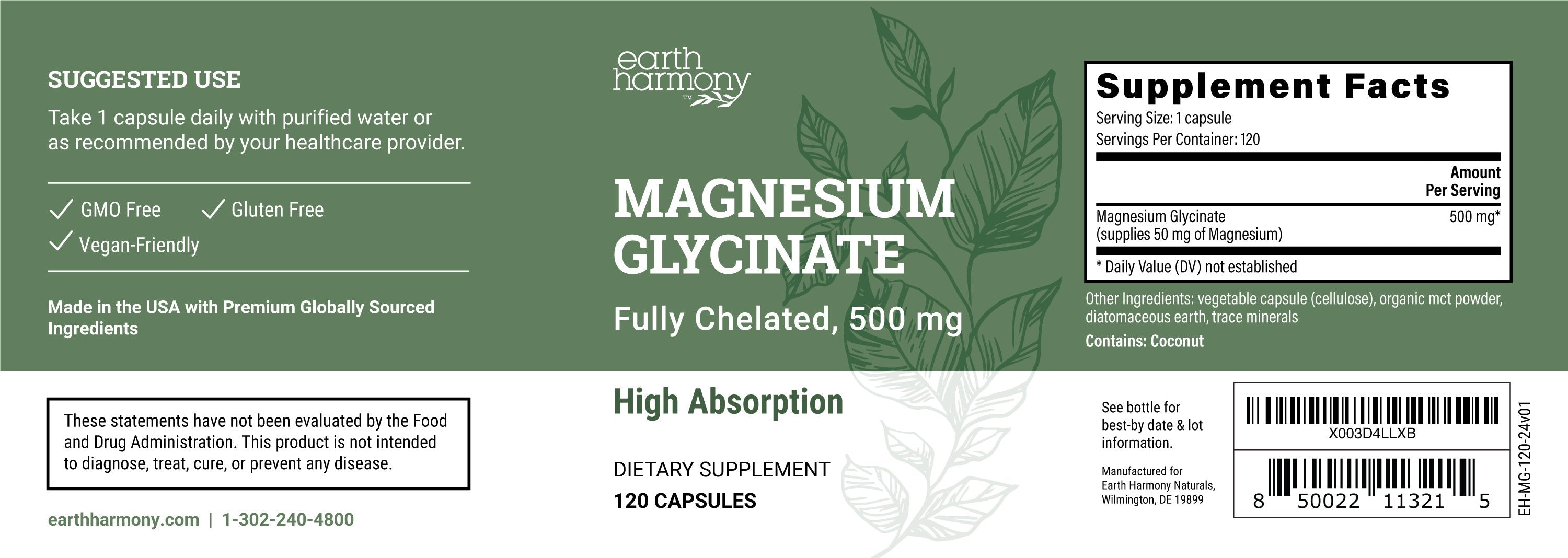 Nutritional information label for Earth Harmony Magnesium Glycinate showing 50mg of elemental magnesium per vegan capsule.