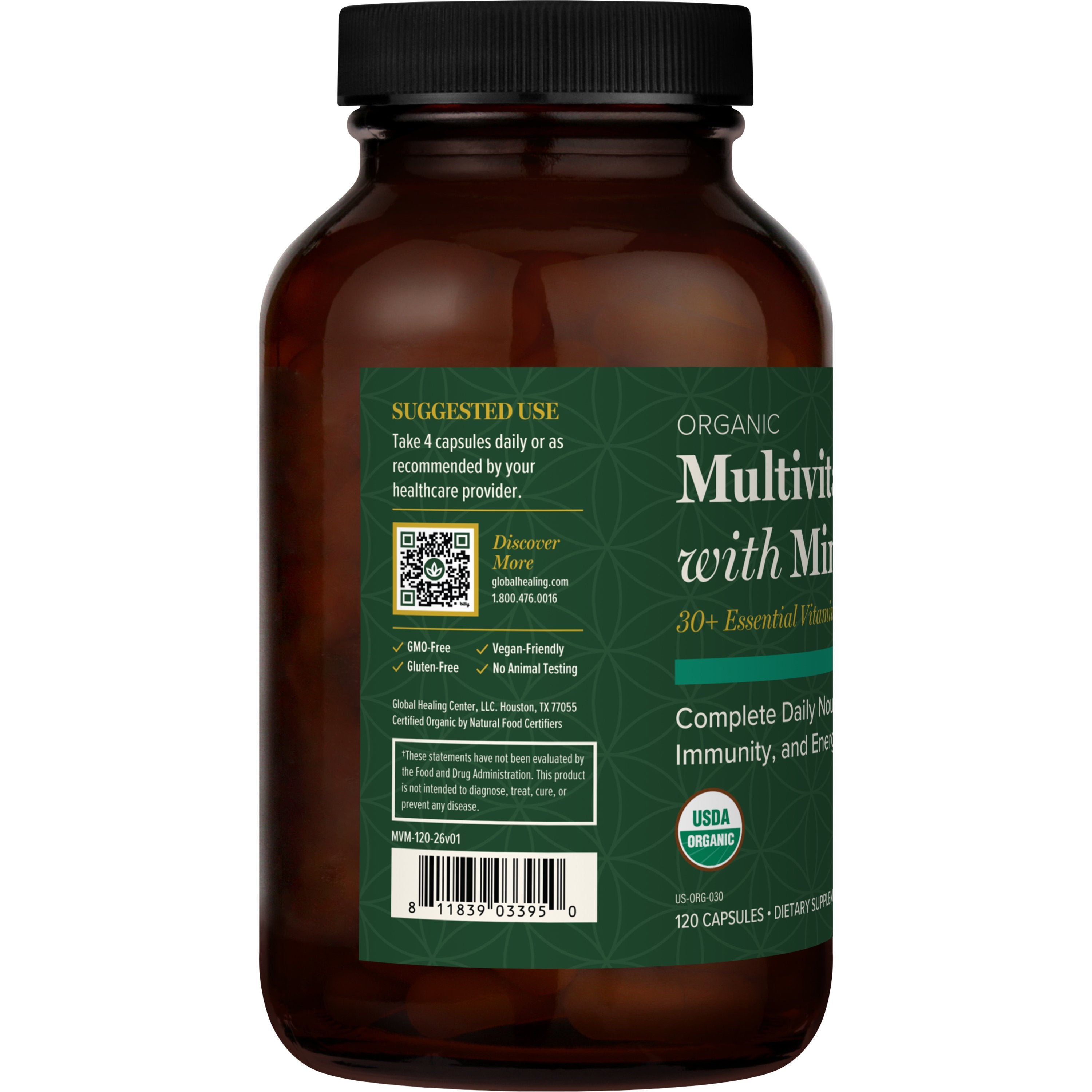 Organic Multivitamin With Minerals Bottle left view by Global Healing
