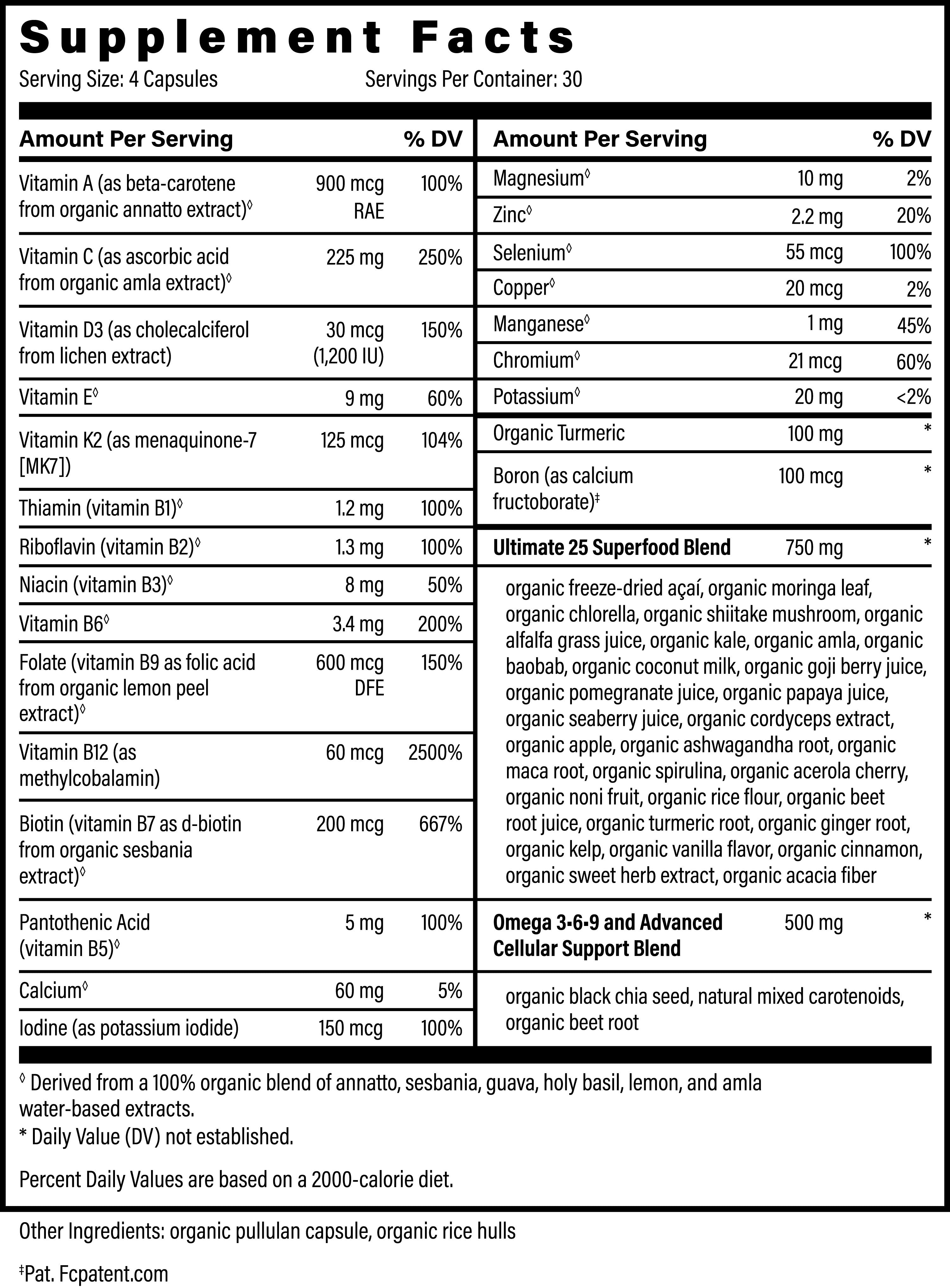 Organic Multivitamin With Minerals Bottle Supplement Facts by Global Healing