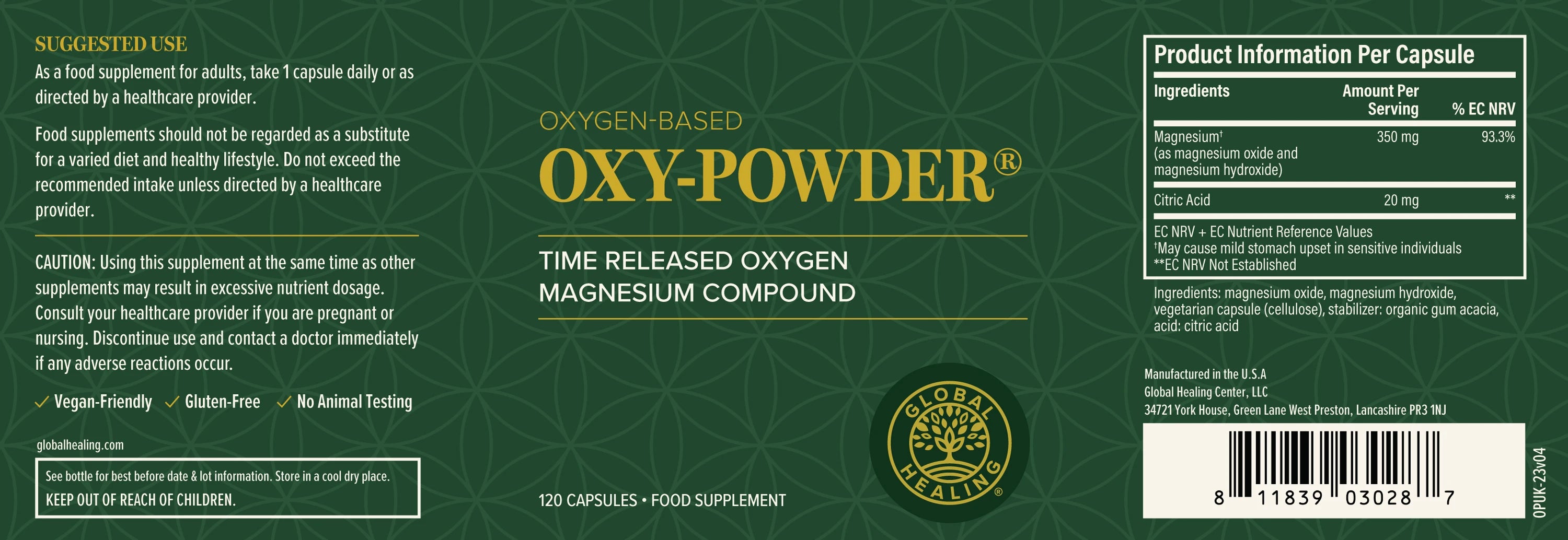 Global Healing Oxy-powder 120 capsules UK Bottle Label Supplement Facts 