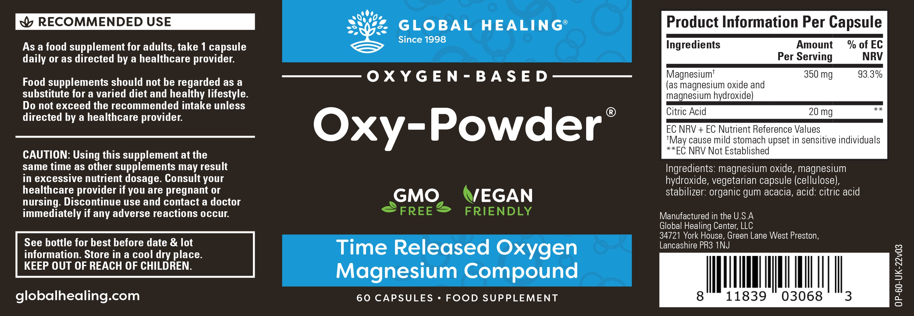 The Supplement facts for Oxy-powder, from the bottle label