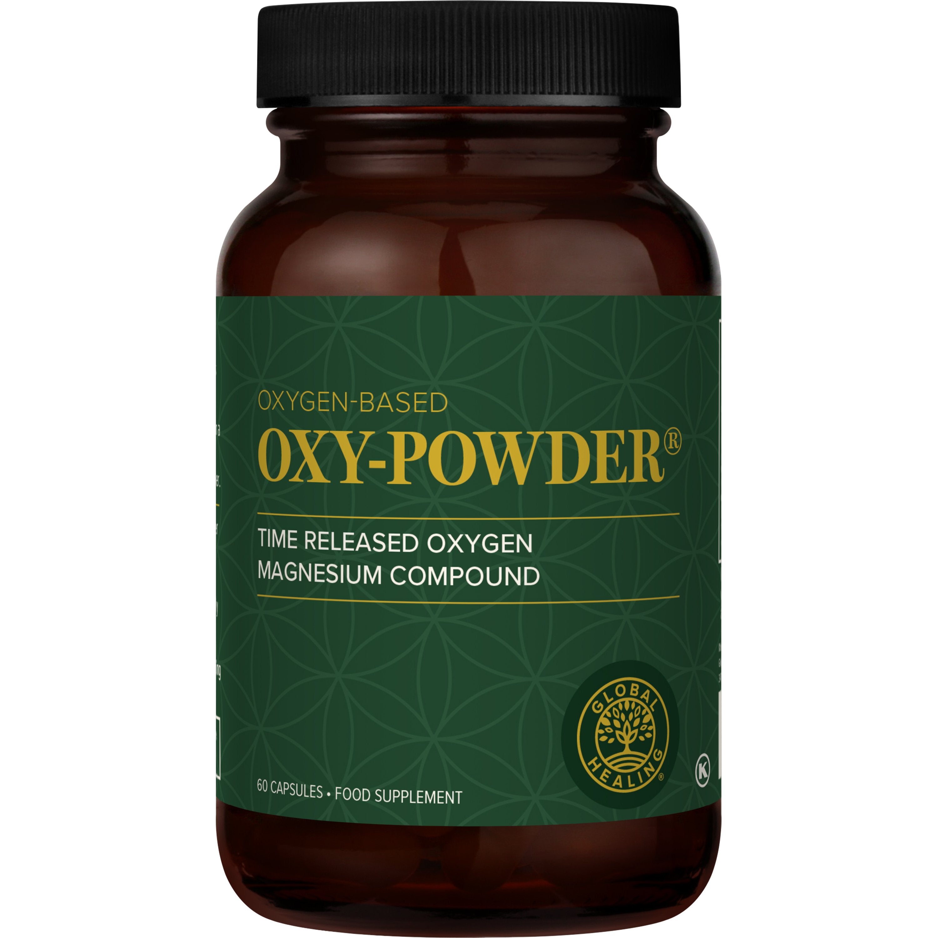 An amber glass bottle of Oxy-Powder, a time-released oxygen magnesium compound, with a dark green label and black cap on a white background.