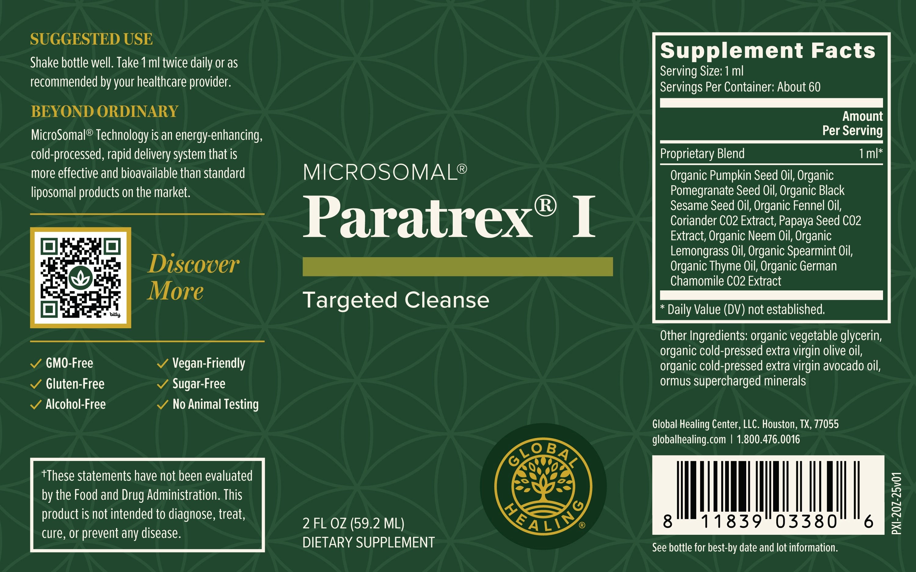 Supplement label for Microsomal Paratrex I on a green background