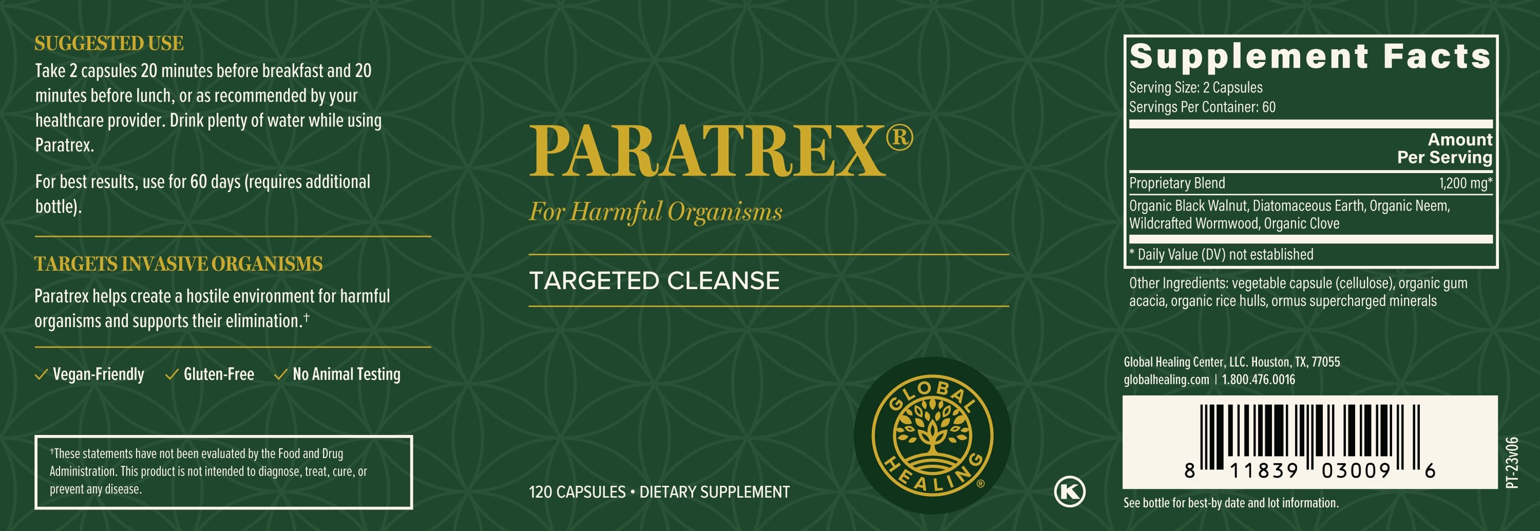 A label for Paratrex by Global Healing for harmful organism cleanse.