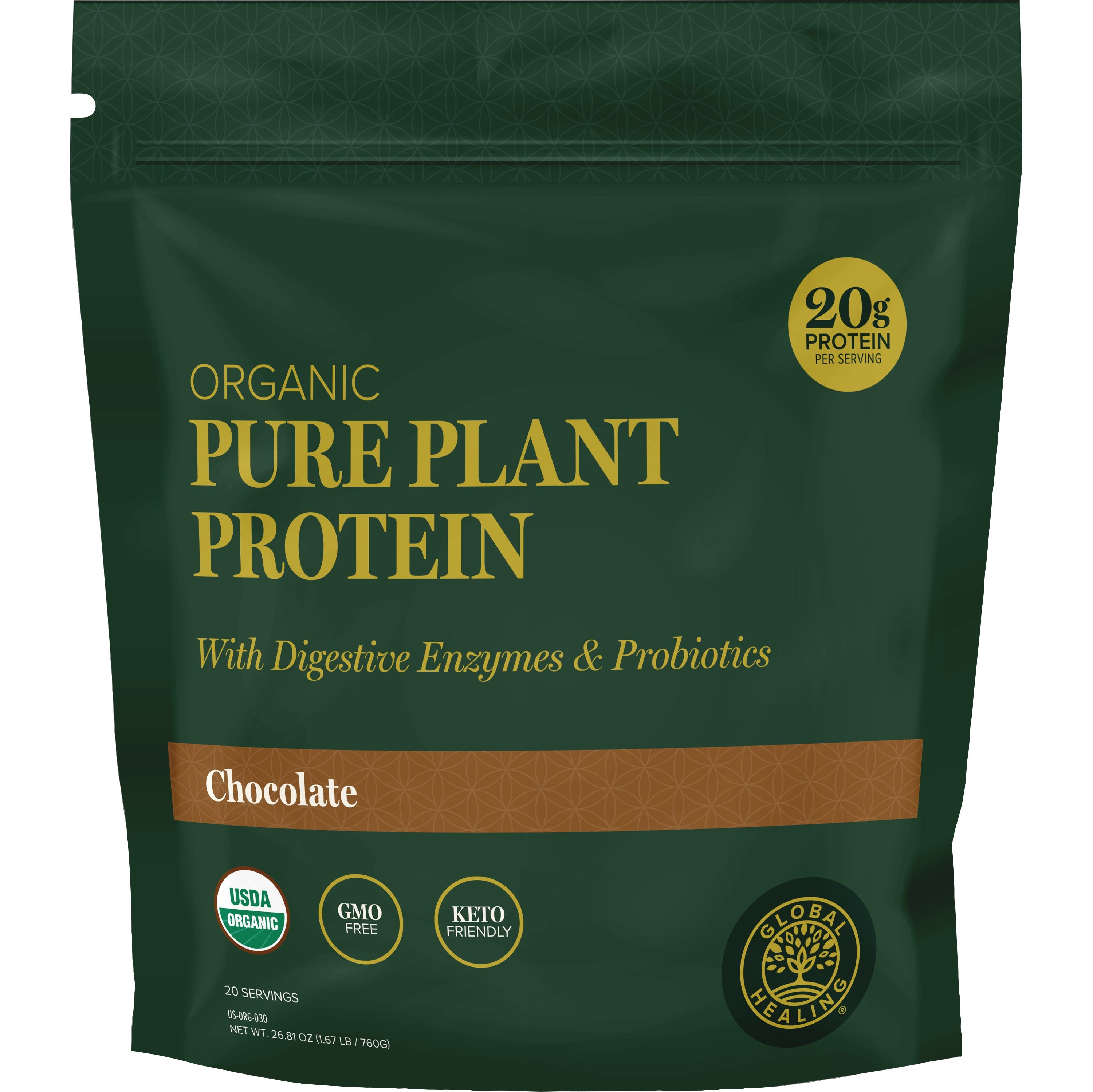 Organic Pure Plant Protein with Global Healing Benefits, Chocolate-infused with Advanced Digestive Enzymes & Probiotics.